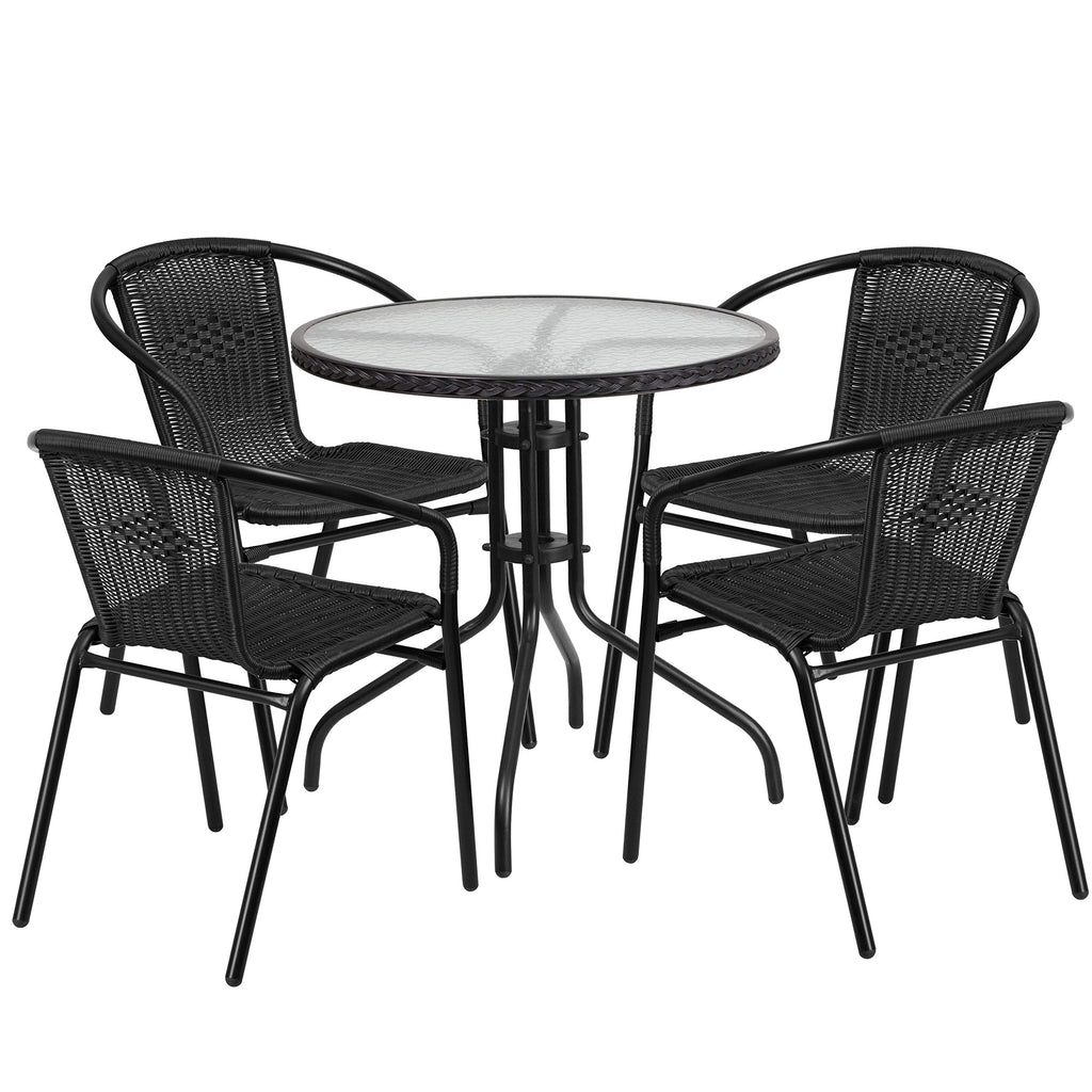 Flash Furniture Lila 28'' Round Glass Metal Table With Black Rattan Edging And 4 Black Rattan Stack Chairs