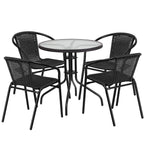 Flash Furniture Lila 28'' Round Glass Metal Table With Black Rattan Edging And 4 Black Rattan Stack Chairs