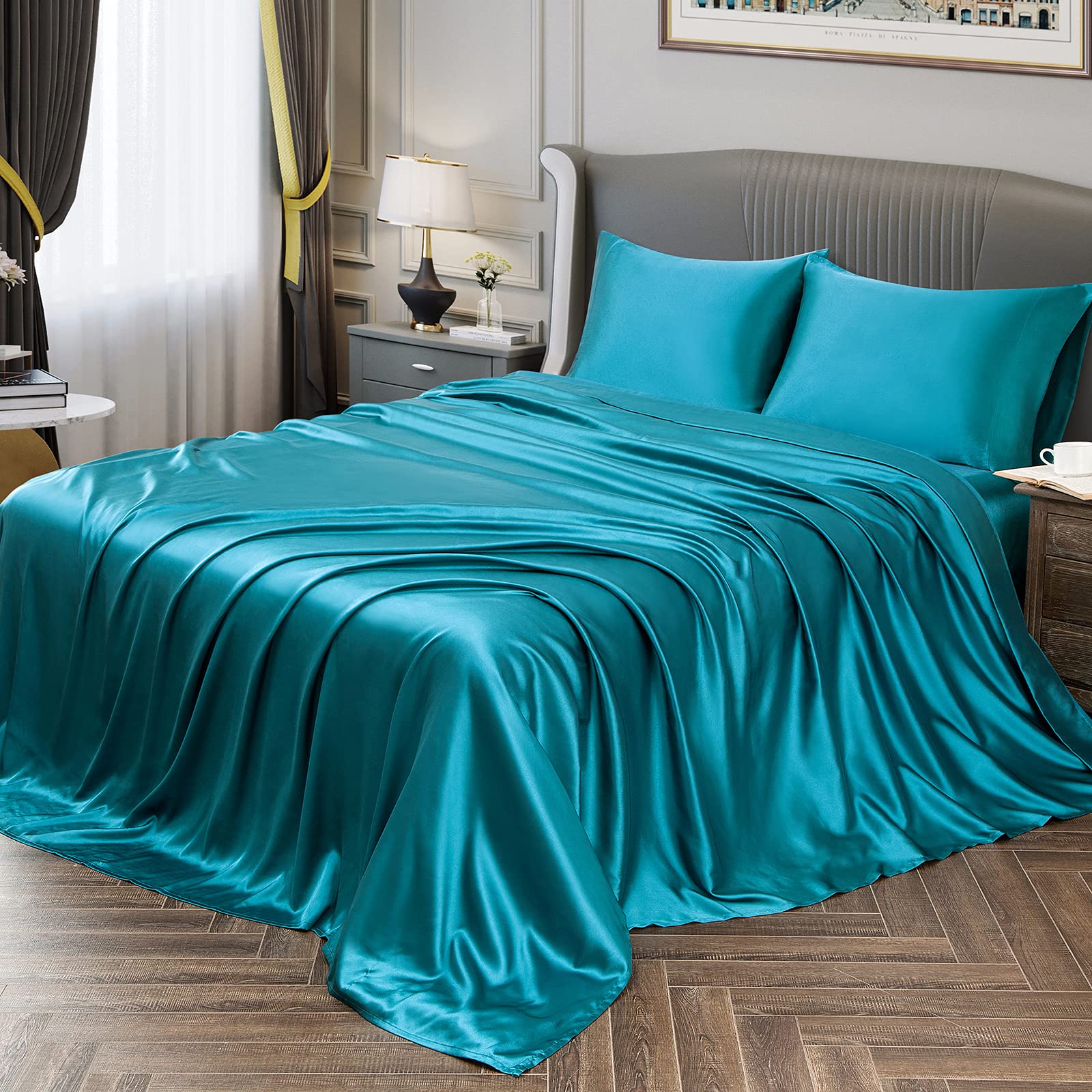 Vonty Satin Sheets King Size Silky Soft Satin Bed Sheets Teal Satin Sheet Set, 1 Deep Pocket Fitted Sheet + 1 Flat Sheet + 2 Pil