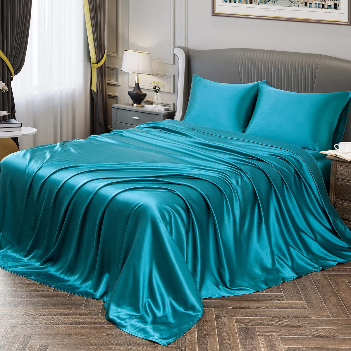 Vonty Satin Sheets Twin Xl Silky Soft Satin Bed Sheets Teal Satin Sheet Set, 1 Deep Pocket Fitted Sheet + 1 Flat Sheet + 1 Pillo