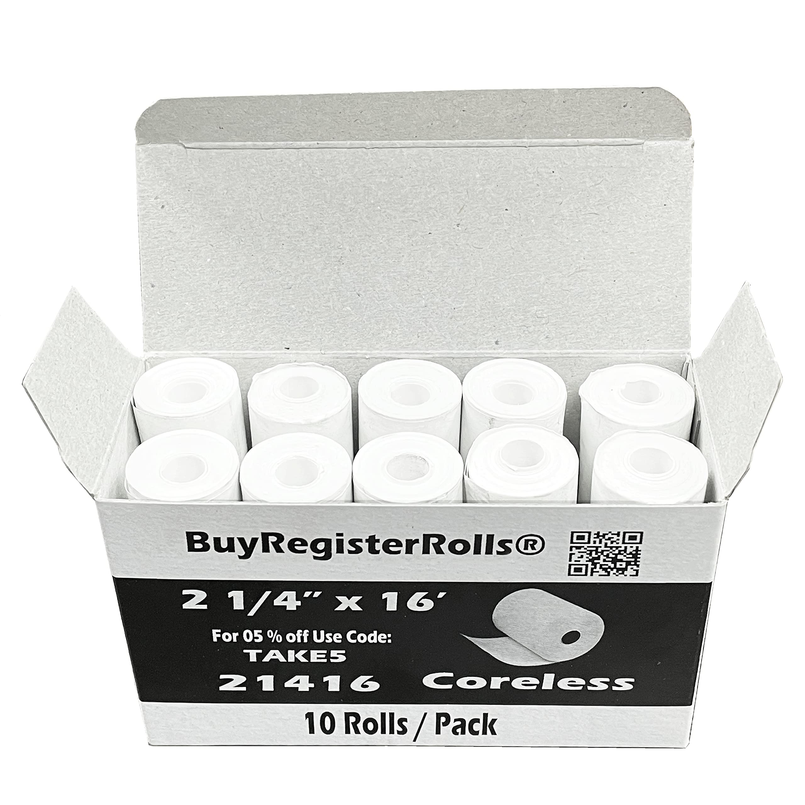 (10 Rolls) 2 1/4 X 16 Thermal Paper Rolls Coreless 2.25 (57Mm) X 16 Ft 1 Ply Poynt Smart Payment Terminal Receipt Printer Paper