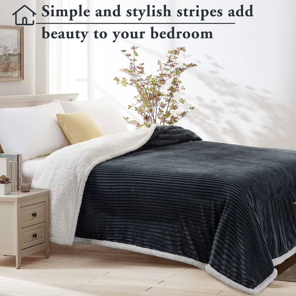 Lbro2M Striped Sherpa Fleece Bed Blanket King Size, Super Soft Fuzzy Plush Warm Cozy Fluffy Microfiber Couch Throw Velvet Double Reversible Luxurious Blankets (90X104), Dark Grey