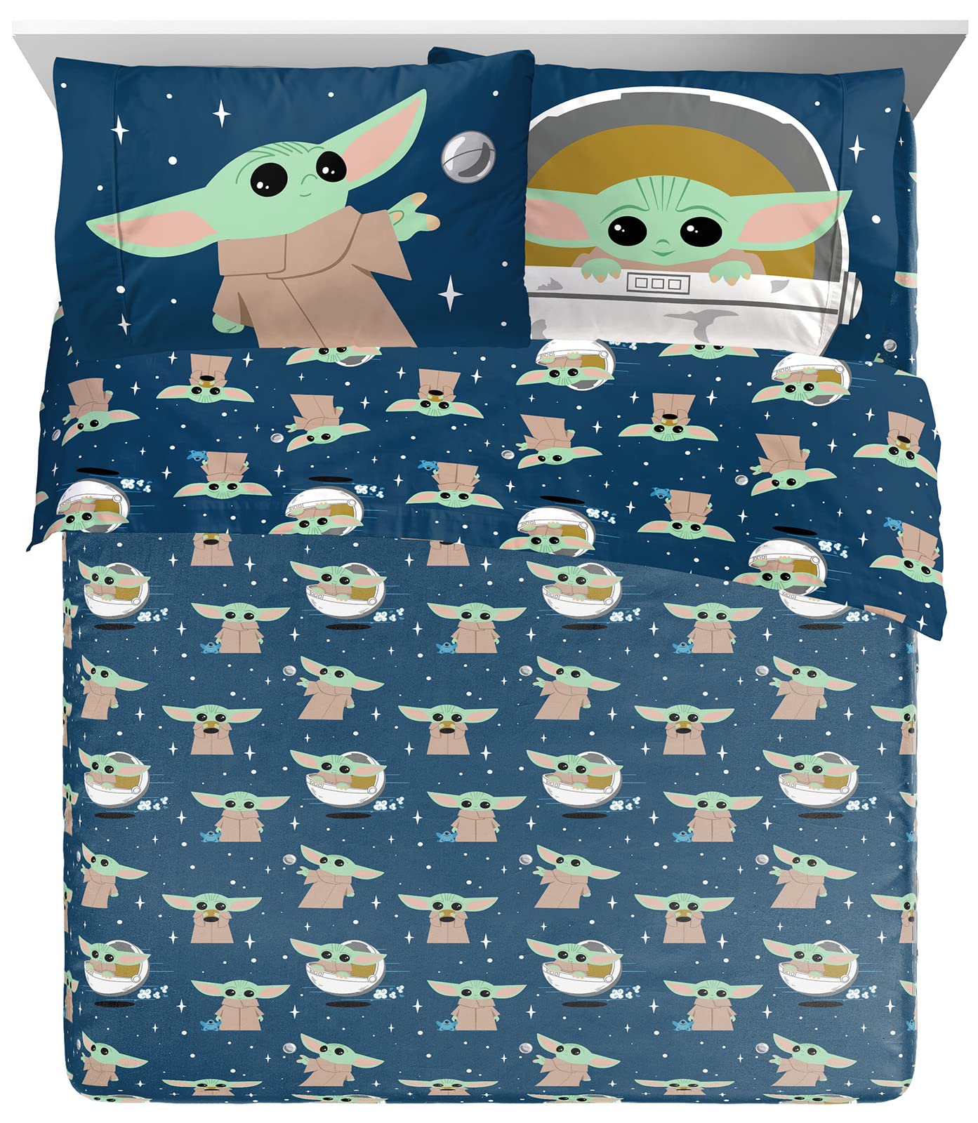 Jay Franco Star Wars The Mandalorian Hello Grogu Queen Size Sheet Set - 4 Piece Set Super Soft And Cozy Kids Bedding - Fade Resi