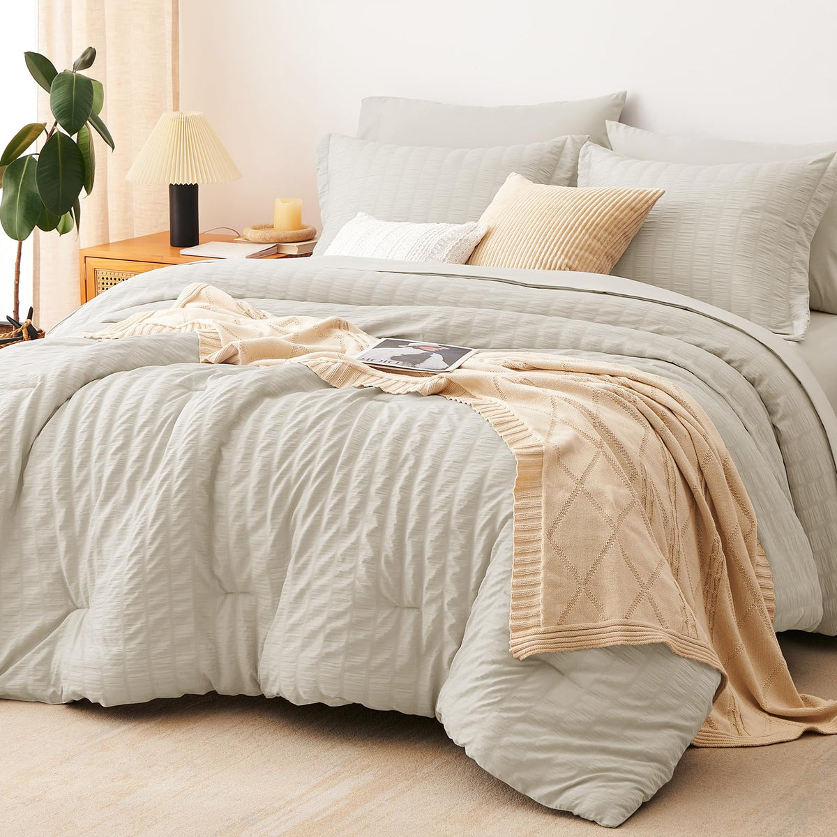 Cozylux Queen Seersucker Comforter Set With Sheets Oatmeal Bed In A Bag 7-Pieces All Season Bedding Sets With Comforter, Pillow Sham, Flat Sheet, Fitted Sheet, Pillowcase