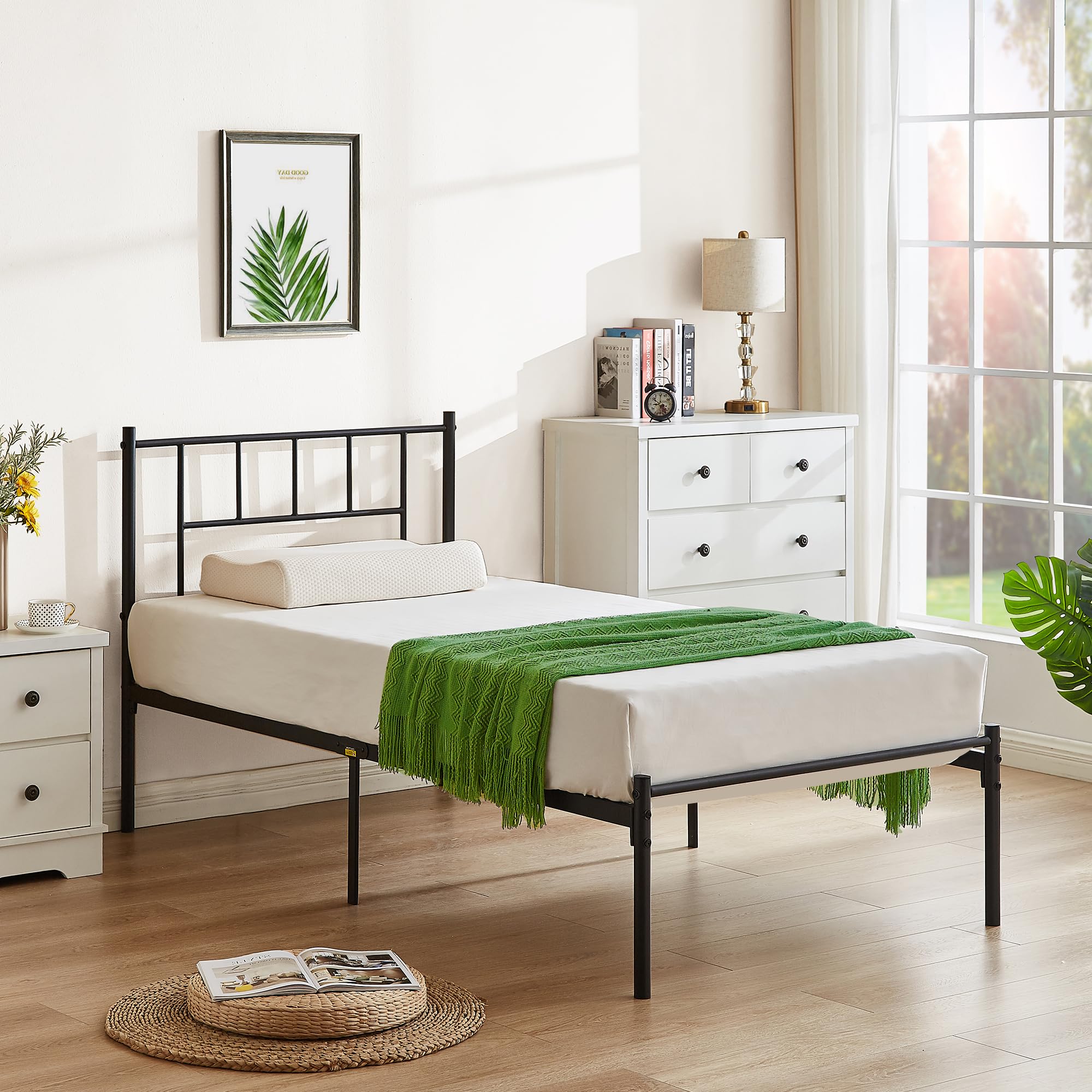 Vecelo Twin Metal Platform Bed Frame With Headboard, Heavy Duty Steel Slat Support, Under Bed Storage,No Box Spring Needed, Easy Assembly