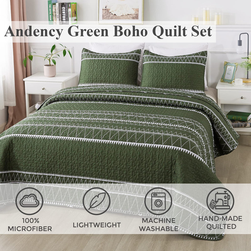 Andency Green Quilt Set California King (112X104 Inch), 3 Pieces(1 Striped Triangle Printed Quilt And 2 Pillowcases), Bohemian Summer Lightweight Reversible Microfiber Bedspread Coverlet Sets