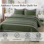 Andency Green Quilt Set California King (112X104 Inch), 3 Pieces(1 Striped Triangle Printed Quilt And 2 Pillowcases), Bohemian Summer Lightweight Reversible Microfiber Bedspread Coverlet Sets