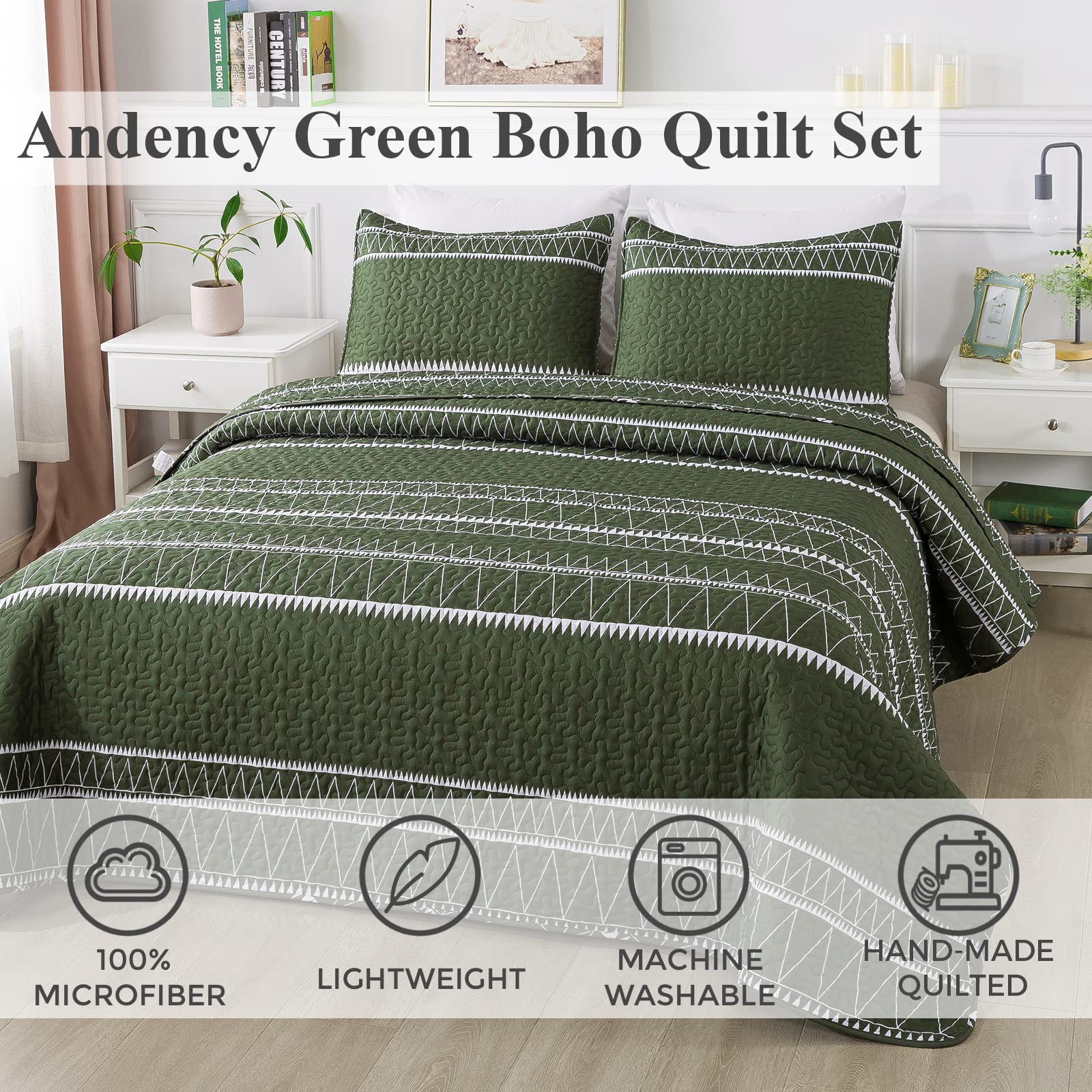 Andency Green Quilt Set Queen (90X96 Inch), 3 Pieces(1 Striped Triangle Printed Quilt And 2 Pillowcases), Bohemian Summer Lightweight Reversible Microfiber Bedspread Coverlet Sets