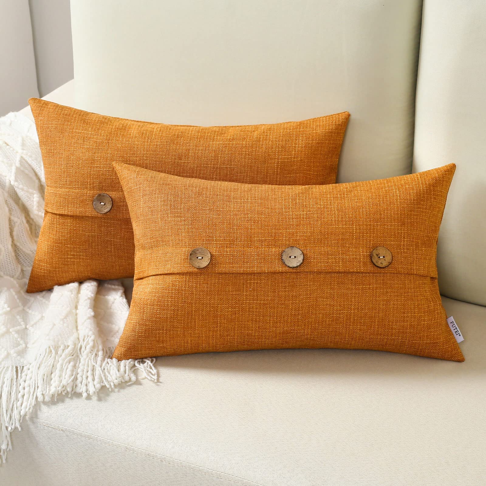 Futei Burnt Orange Linen Decorative Throw Pillow Covers 12X20 Inch Set Of 2, Rectangle Lumbar Pillowcase With Vintage Button/Zip