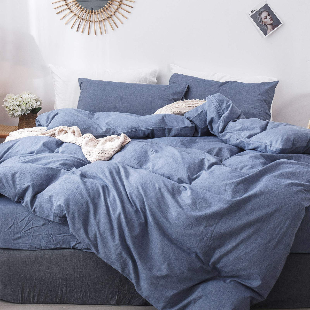Moomee Bedding Duvet Cover Set 100% Washed Cotton Linen Like Textured Breathable Durable Soft Comfy (Blue, Oversized King)