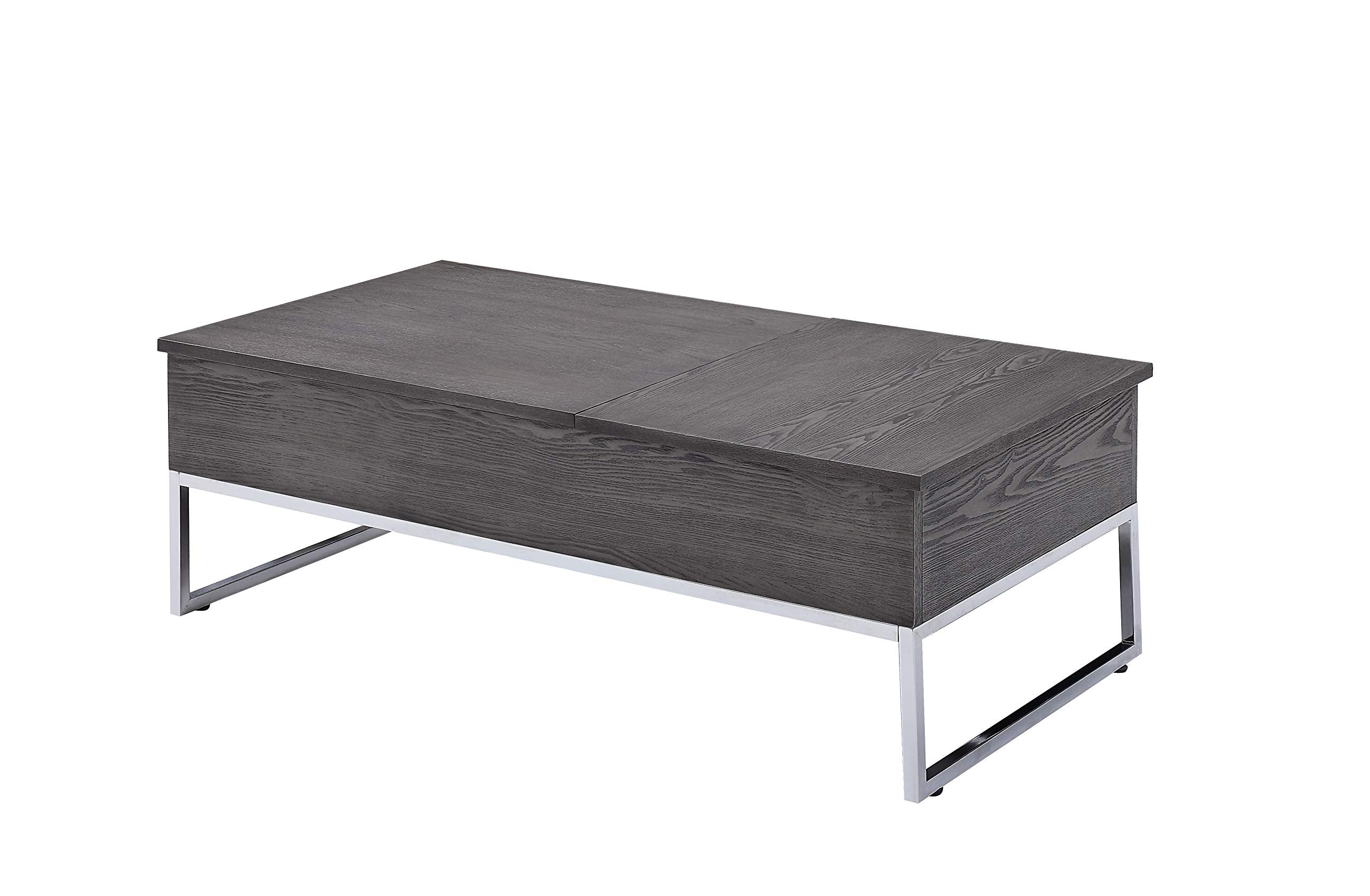 Benjara Wooden Coffee Table With Two Lift Tops, Gray And Chrome