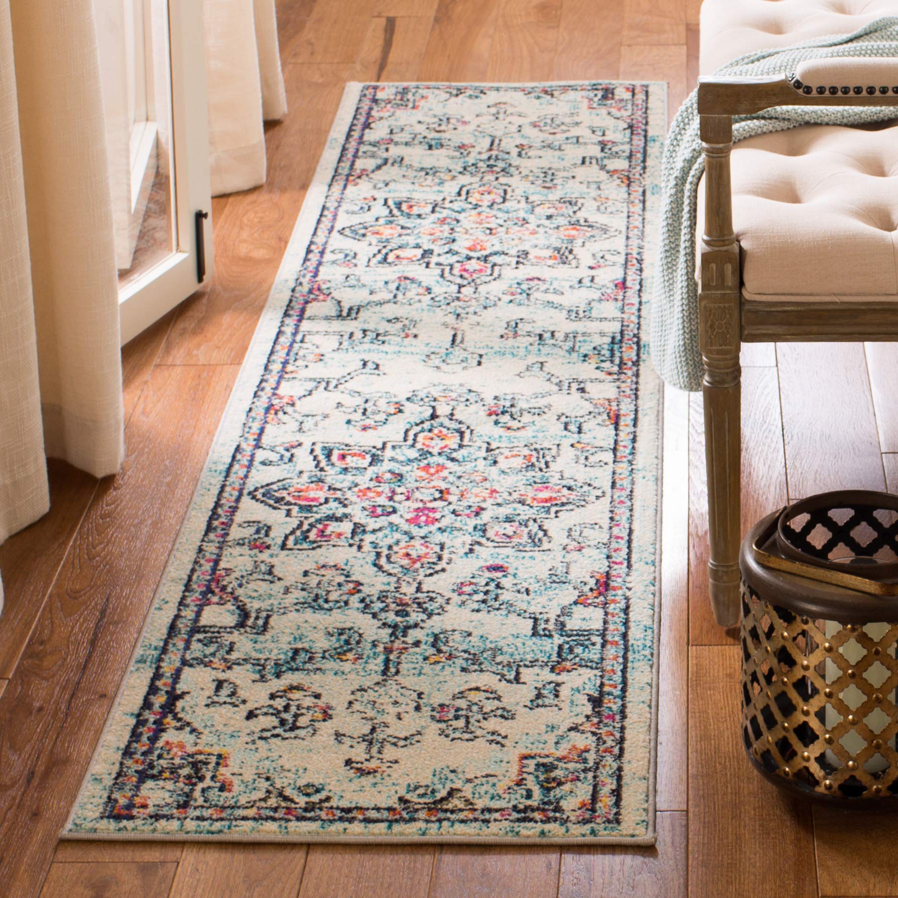 SAFAVIEH Madison Collection Runner Rug - 22 x 14, Cream & Blue, Boho Chic Medallion Distressed Design, Non-Shedding & Easy Car