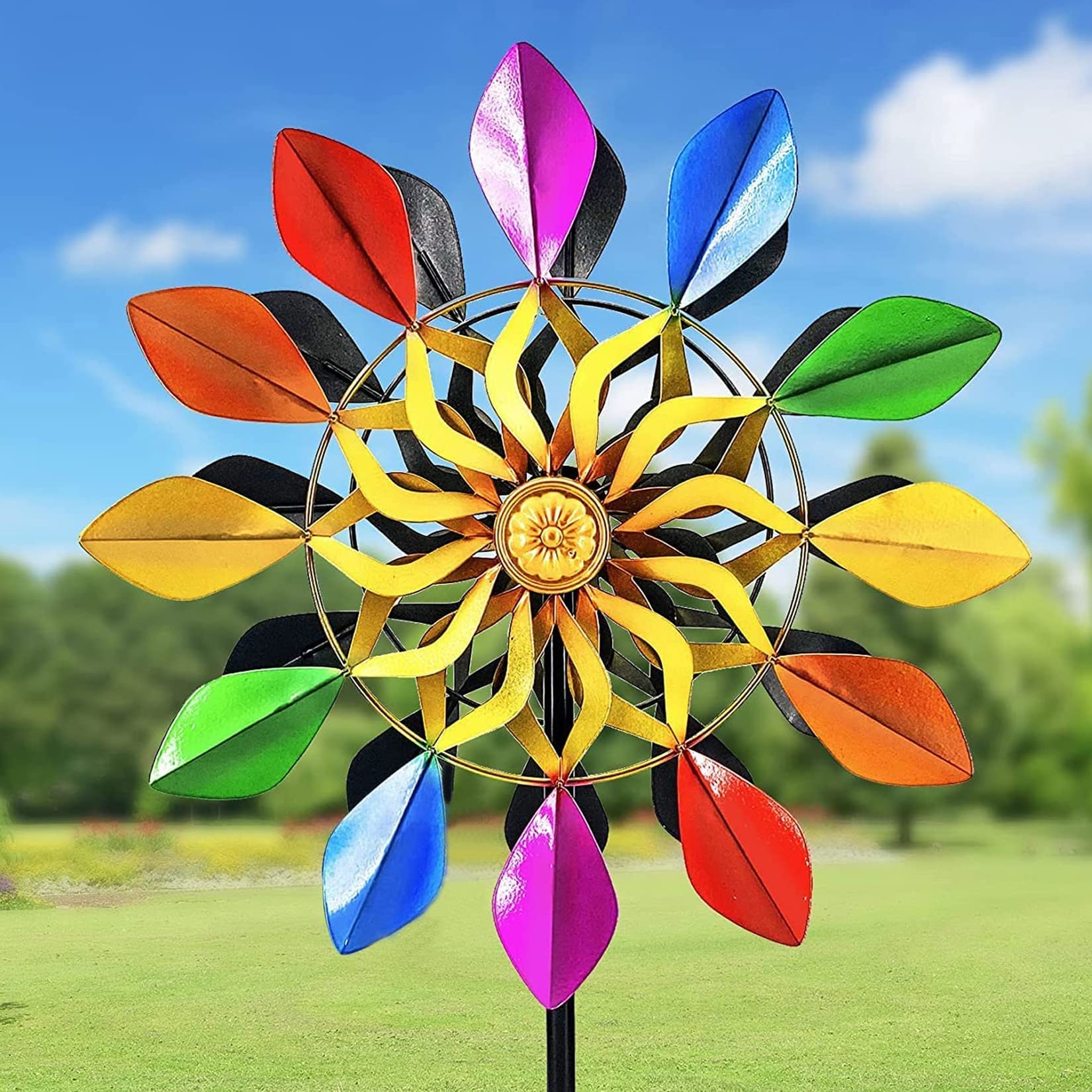 Kinetic Wind Spinners With Garden Stake, Rainbow Metal Windmill Decorations, 360 Swivel Outdoor Wind Sculpture, 63 Inch Dual Dir