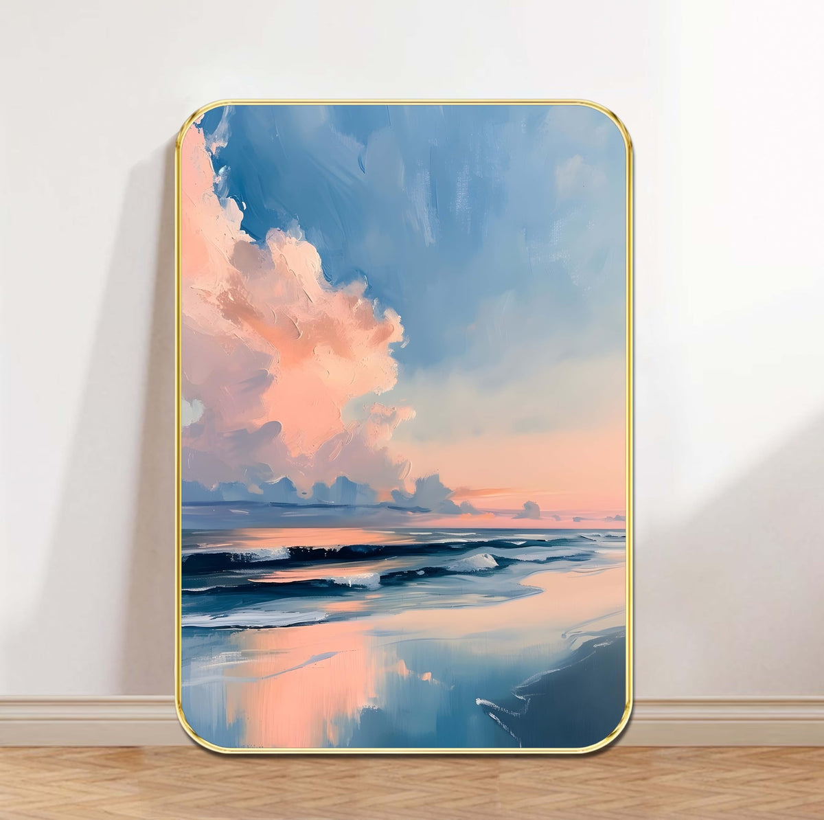 Livinluxe Ocean Sunset Wall Art  Soft Pastel Sky & Seashore Painting in Gold Frame  Tranquil Coastal Painting for Living Room