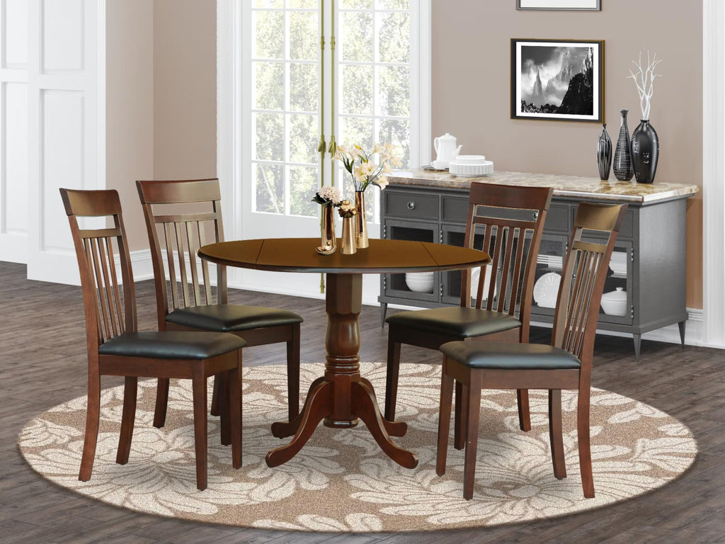 East West Furniture DLCA5-MAH-LC 5 Piece Dining Room Furniture Set Includes a Round Kitchen Table with Dropleaf and 4 Faux Leather Upholstered Dining Chairs, 42x42 Inch, Mahogany