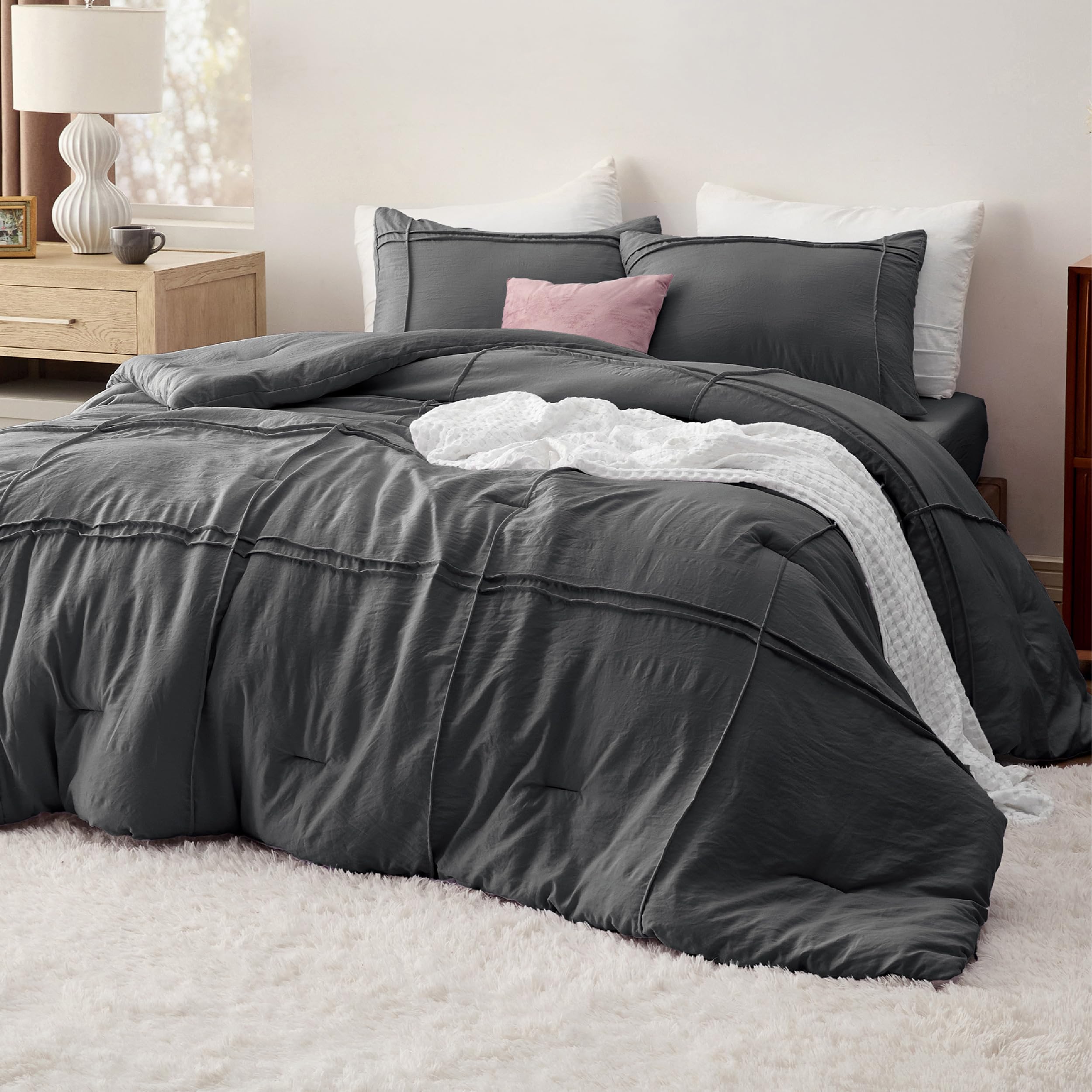 Bedsure Full Comforter Set With Sheet - 4 Pieces Soft Dark Grey Bedding Sets, Grid Pinch Pleat, All Season Lightweight Fluffy Bed Set With Solid Boho Comforter, Pillowcases & Sheet