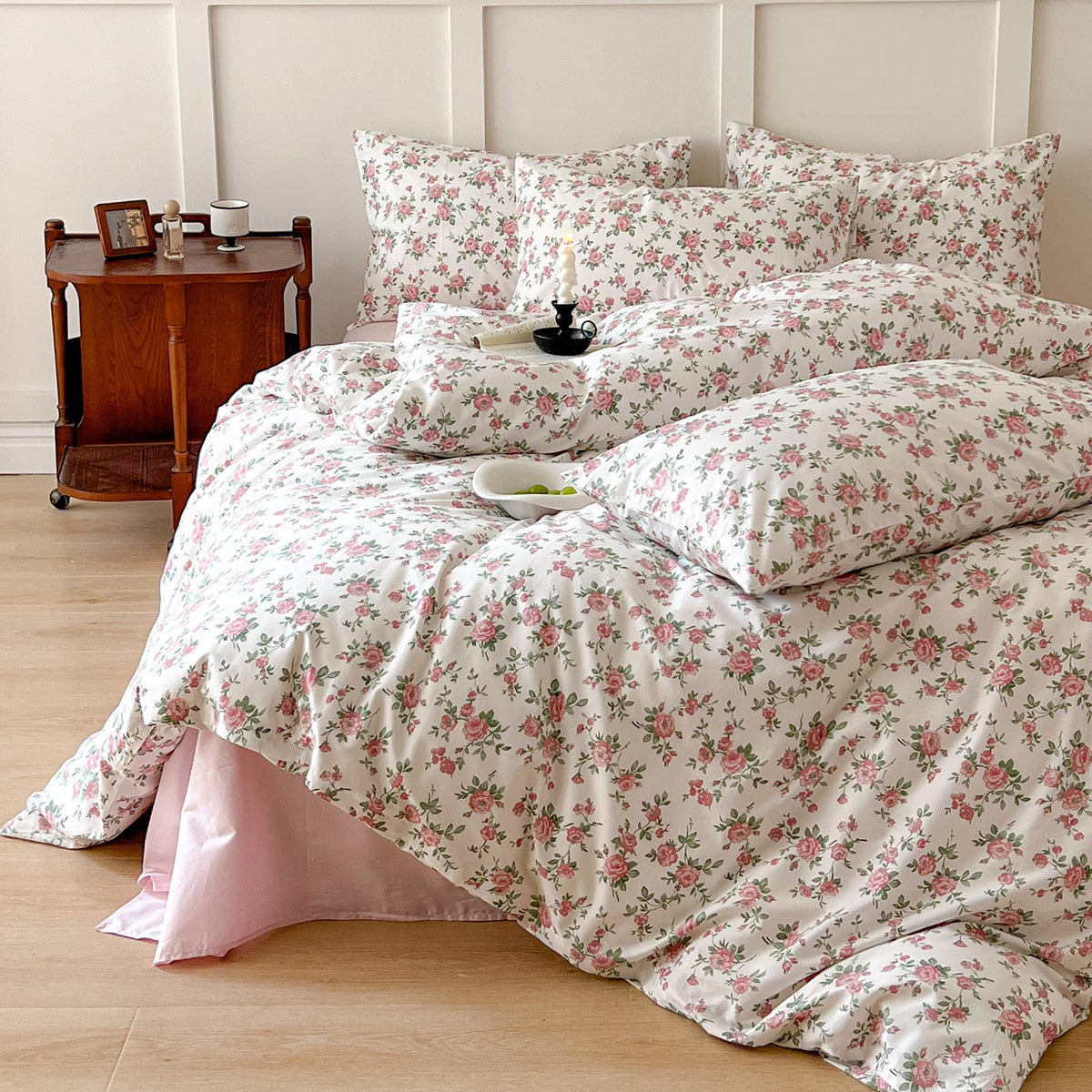 Pink Floral Duvet Cover Queen Soft Cotton Girls Cottagecore Bedding Set Botanical Peach Flower Comforter Cover With Zipper Closu