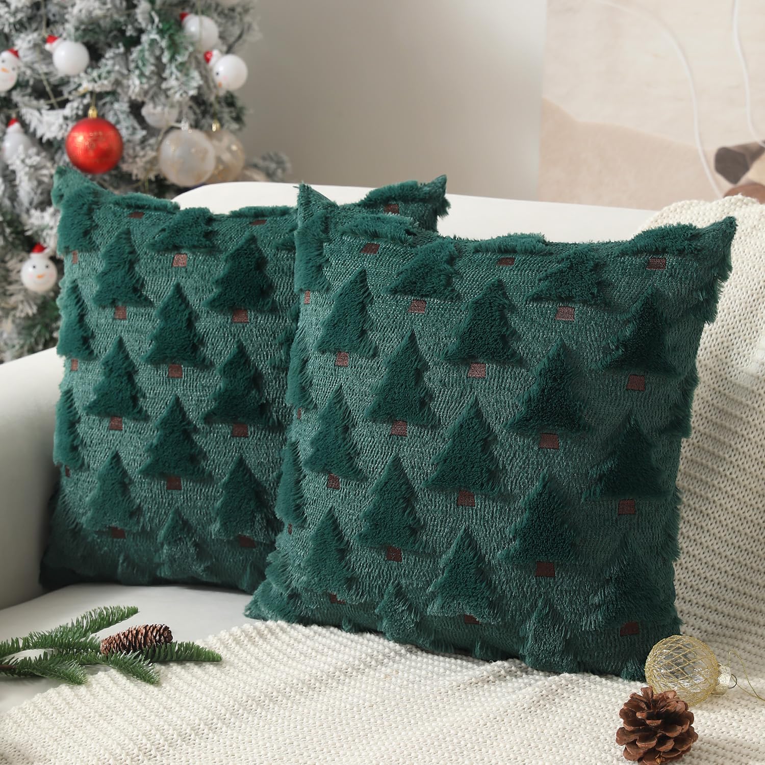 Allorry Christmas Pillow Covers 16X16 Inch Set Of 2 Christmas Decorations Christmas Tree Throw Pillow Cases Soft Plush Faux Fur