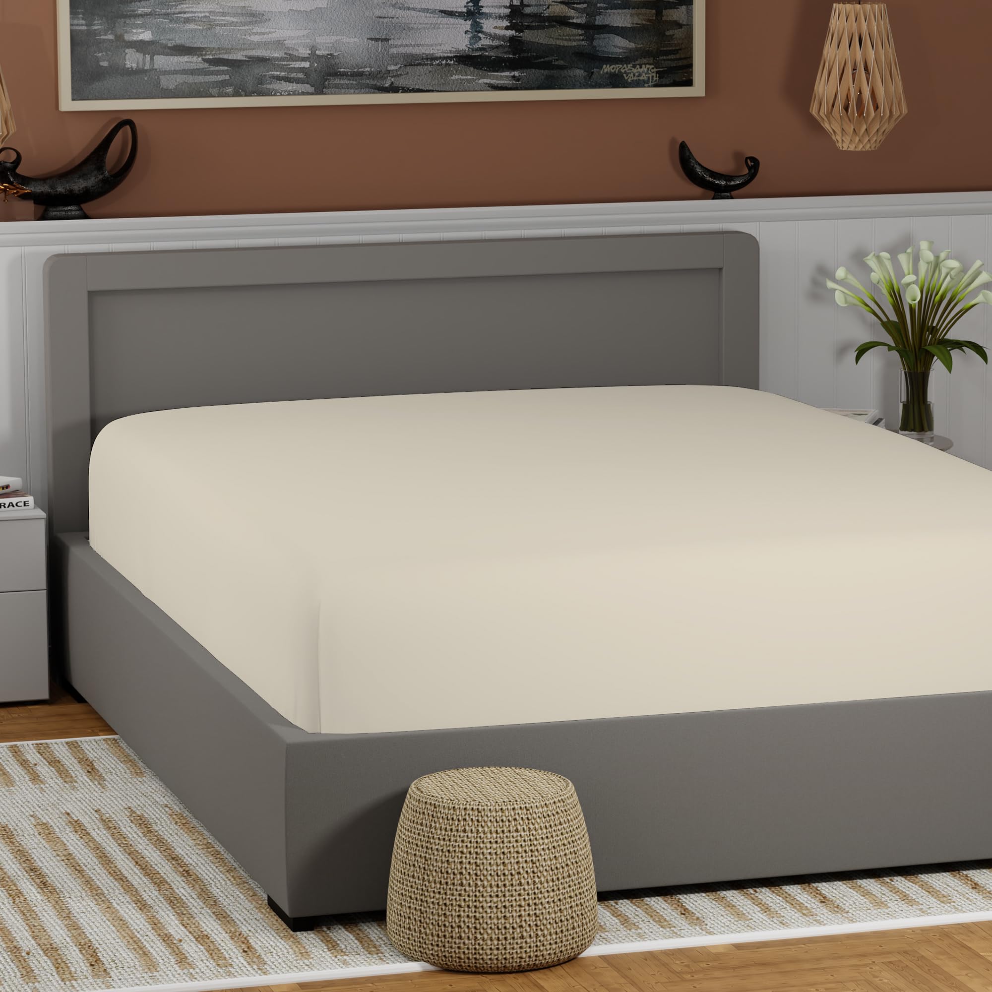 100% Cotton Twin Fresh Ivory Fitted Sheet Only, Back To School College Essentials Mattress Fitted Sheet (39 W X 75 L), Lightweig