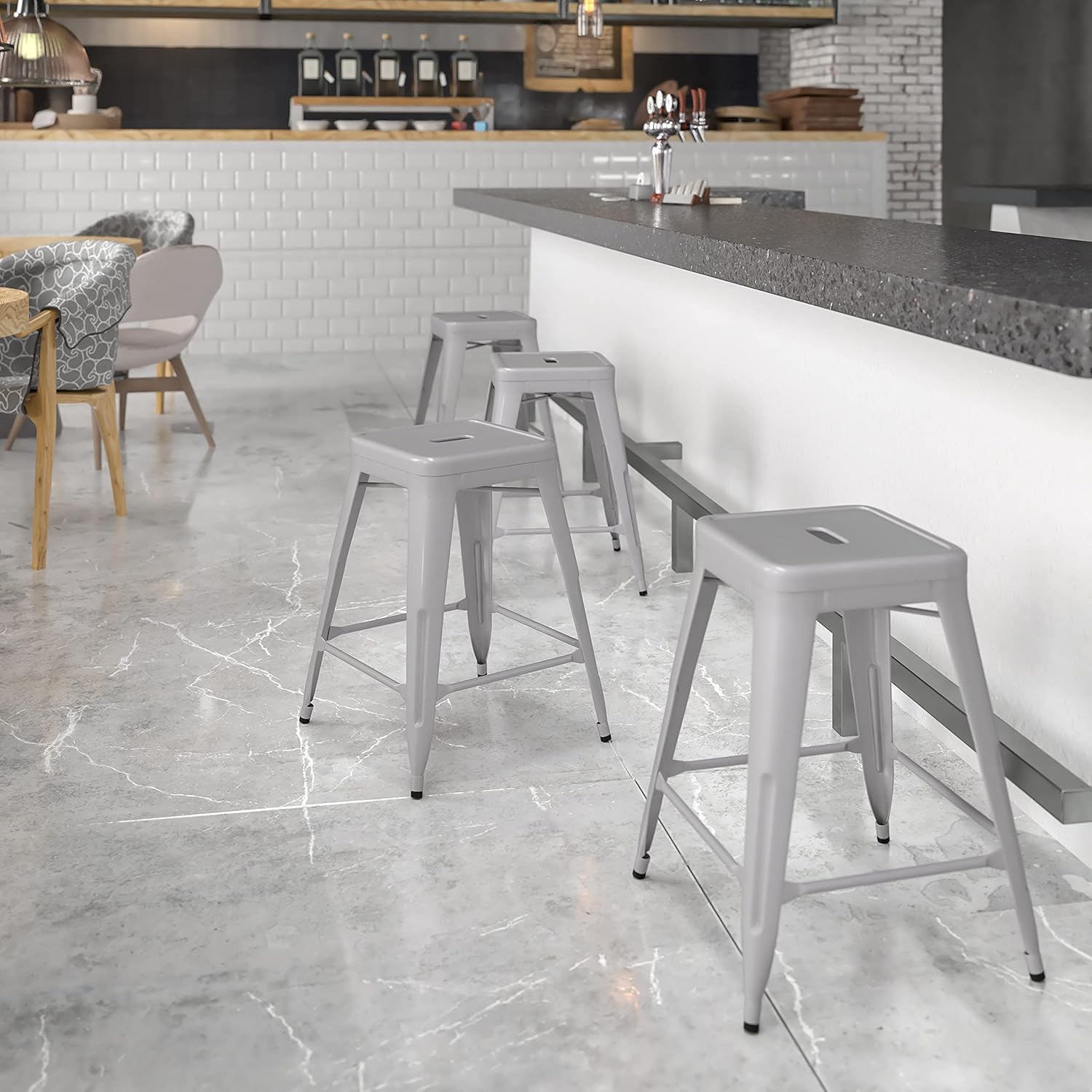 Commercial Grade 24 High Backless Silver Metal Indoor-Outdoor Counter Height Stool with Square Seat