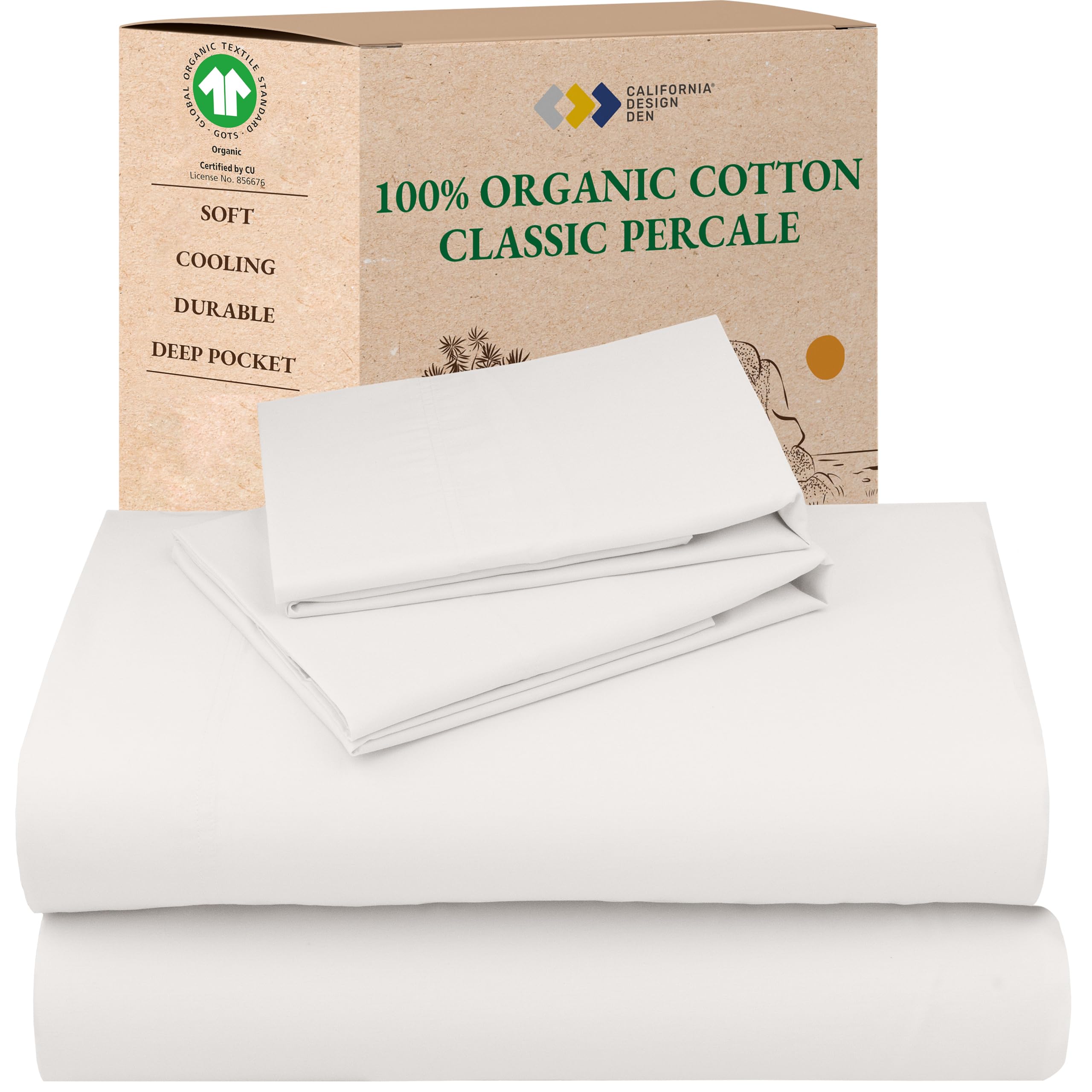 California Design Den Sheets Queen Size Bed Set - Soft 100% Organic Sheets with Deep Pockets, Crisp Percale, Breathable and Dura