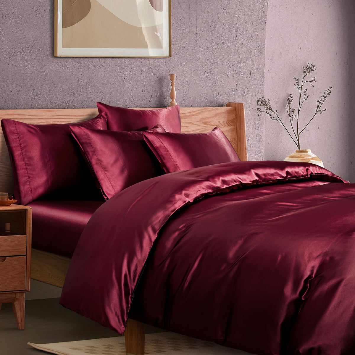 Manyshofu 6Pcs Maroon Duvet Cover Set Queen Size With Satin Fitted Sheet - Not Comforter, Cooling & Silky Comforter Cover Satin