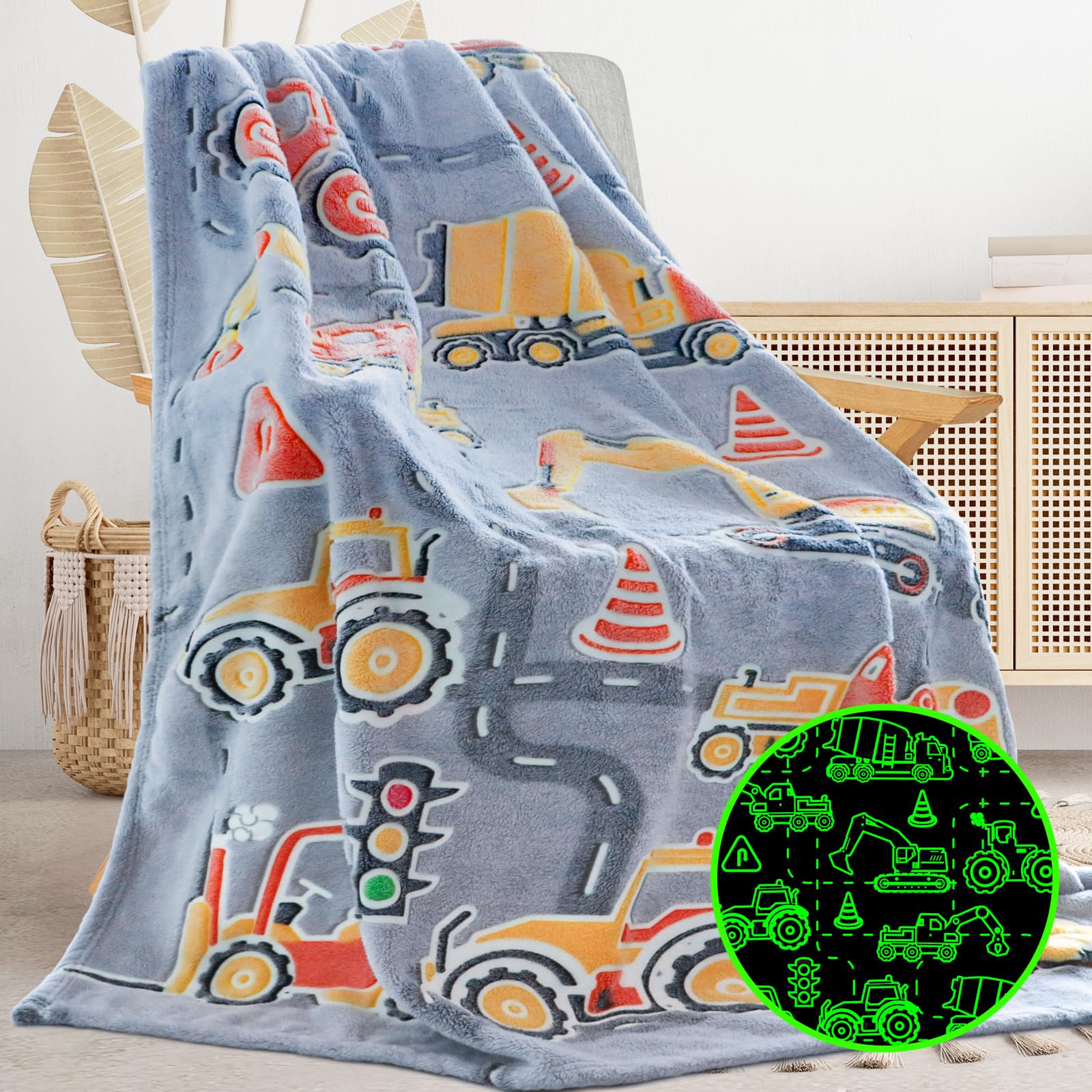 Glow In The Dark Blanket Boys Gifts For Kids Fuzzy Cozy Warm Soft Fleece Glowing Tractor Blankets For Bed Sofa Couch Unique Gift