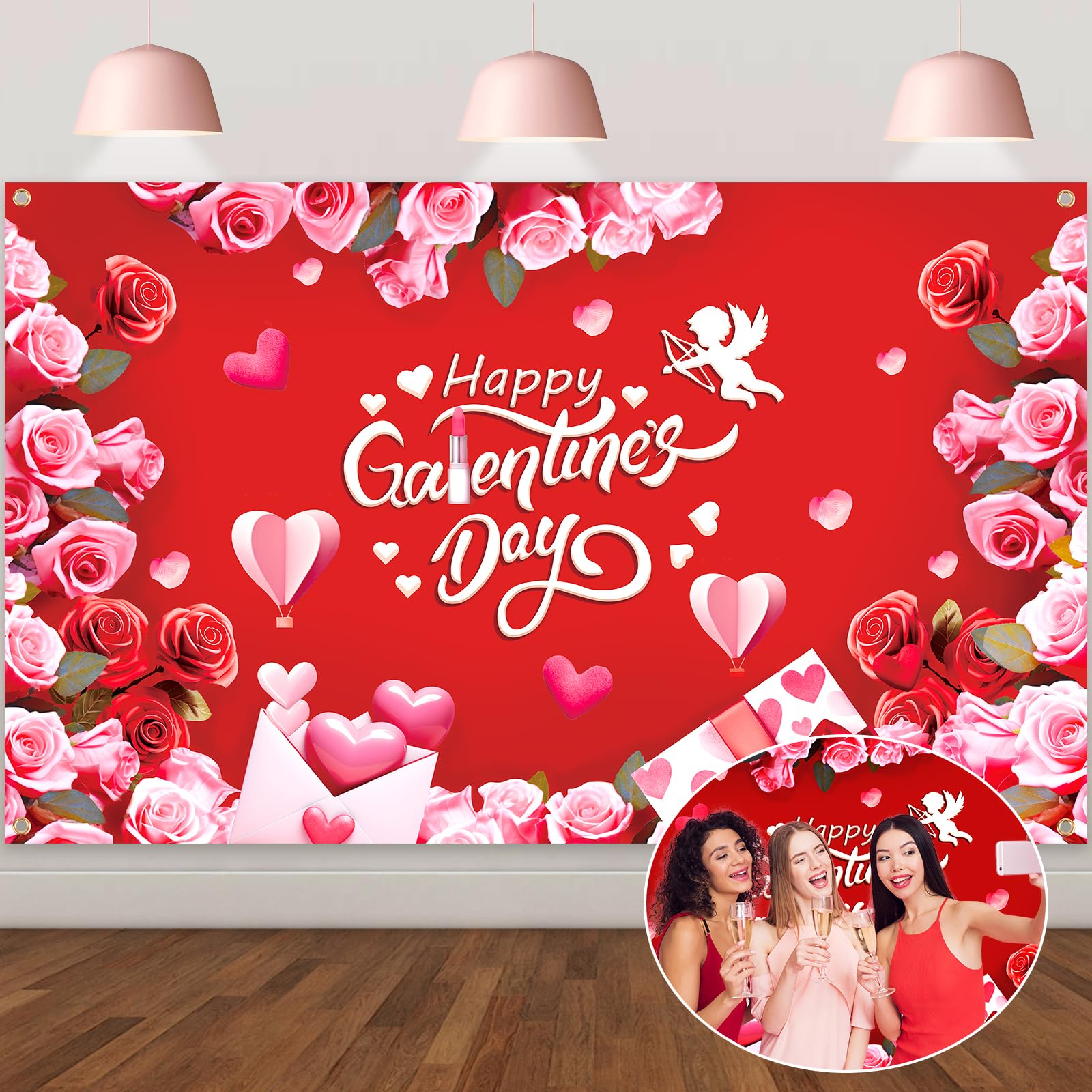 CCINEE Large 71 X 43 Inch Happy Galentines Day Backdrop Banner, Red Pink Galentines Day Backdrop for Valentine's Day Girls Theme