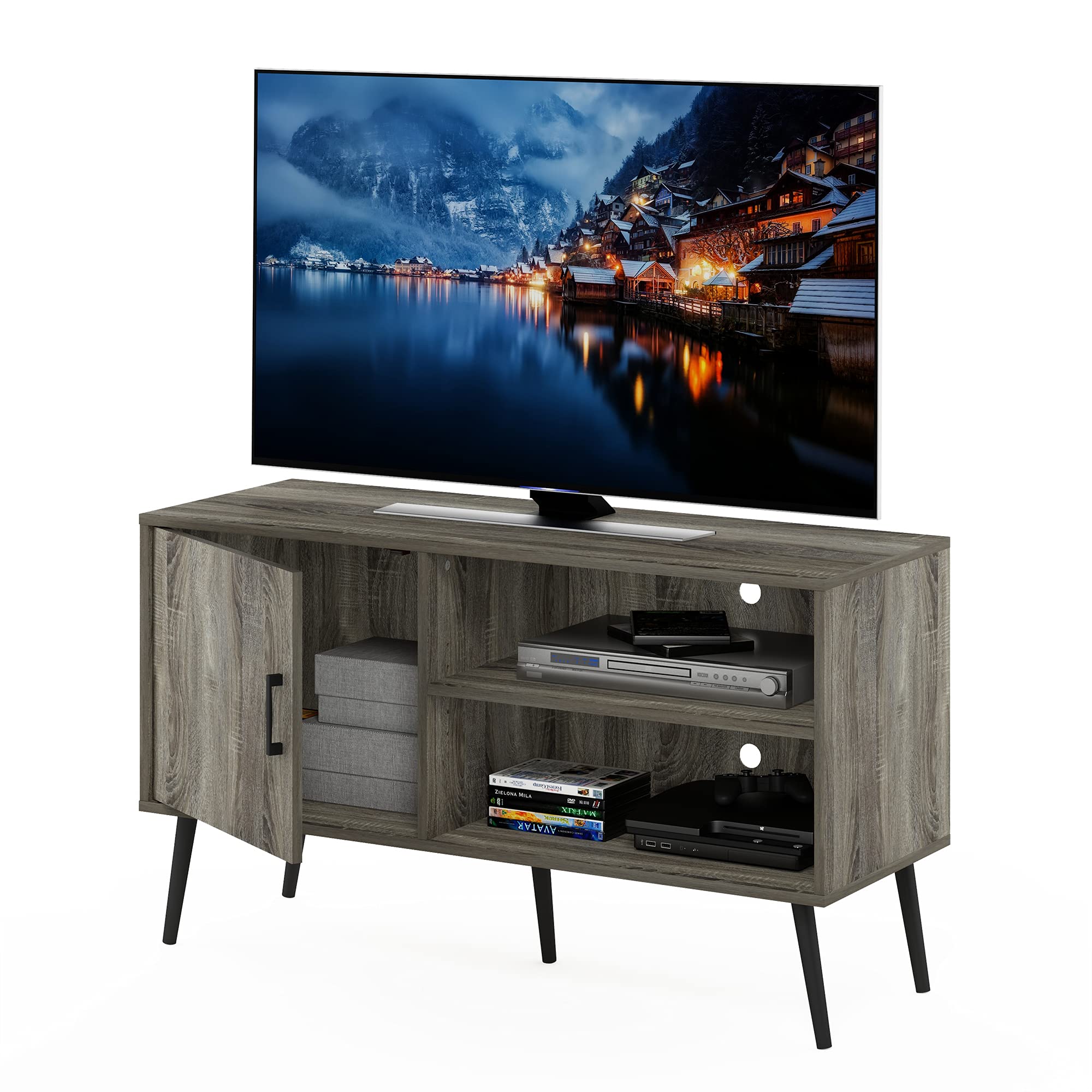 Furinno Claude Mid Century Style Stand with Wood Legs for TV up to 55 Inches, One Cabinet Two Shelves, French Oak