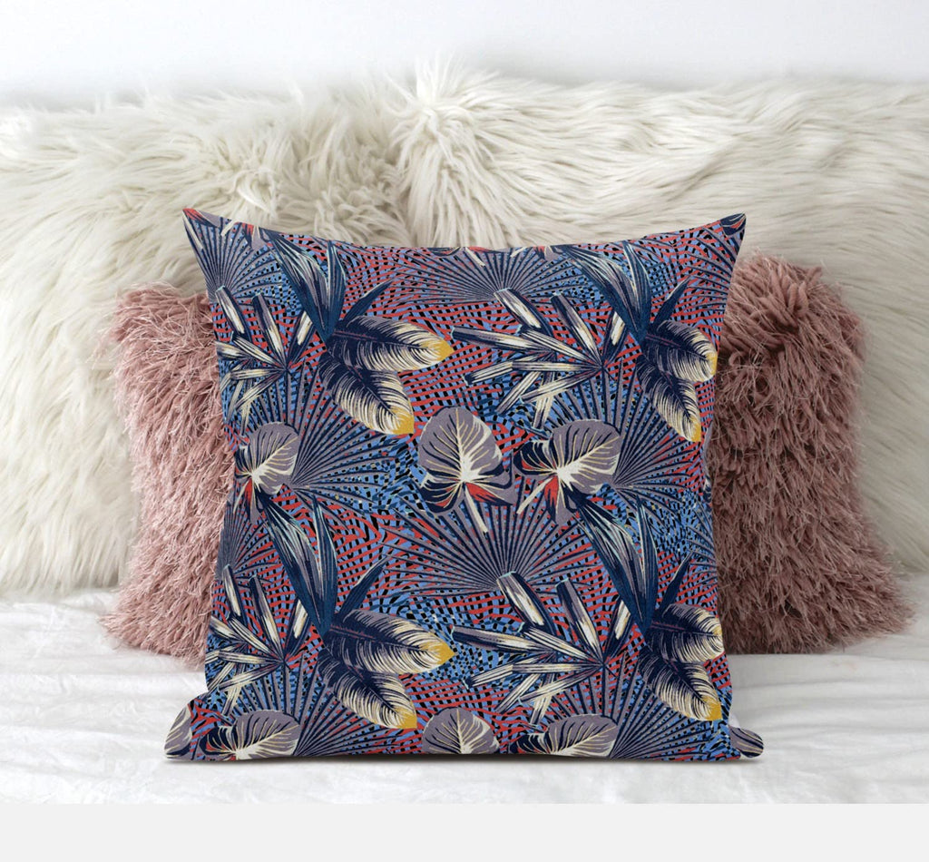 HomeRoots Blue White Pink 16â€ Indigo Red Tropical Zippered Suede Throw Pillow