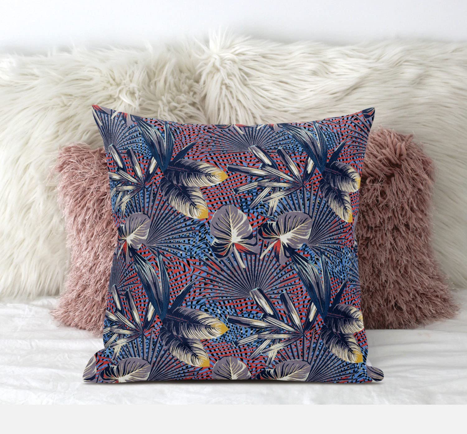 HomeRoots Blue White Pink 16â€ Indigo Red Tropical Zippered Suede Throw Pillow