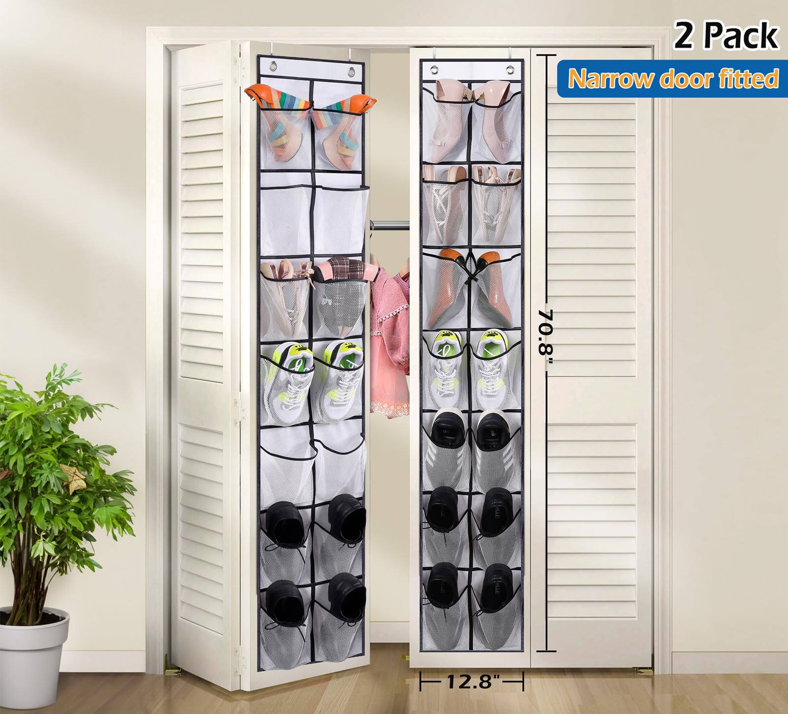 Misslo Narrow Over The Door Shoe Organizer 14 Large Pockets Door Shoe Hanger Hanging Shoe Rack For Closet Cruise Ship Essential,White, 2 Pack