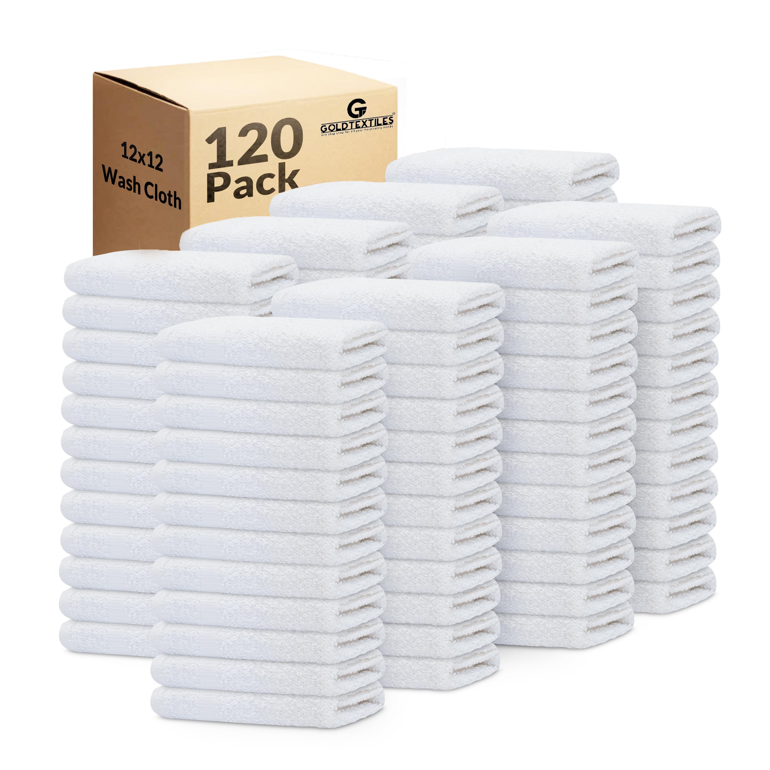 GOLD TEXTILES 120 Pack Economy White Washcloths Set (12x12 inches) - Cotton Blend Commercial Grade Cleaning Rags, Quick Drying &