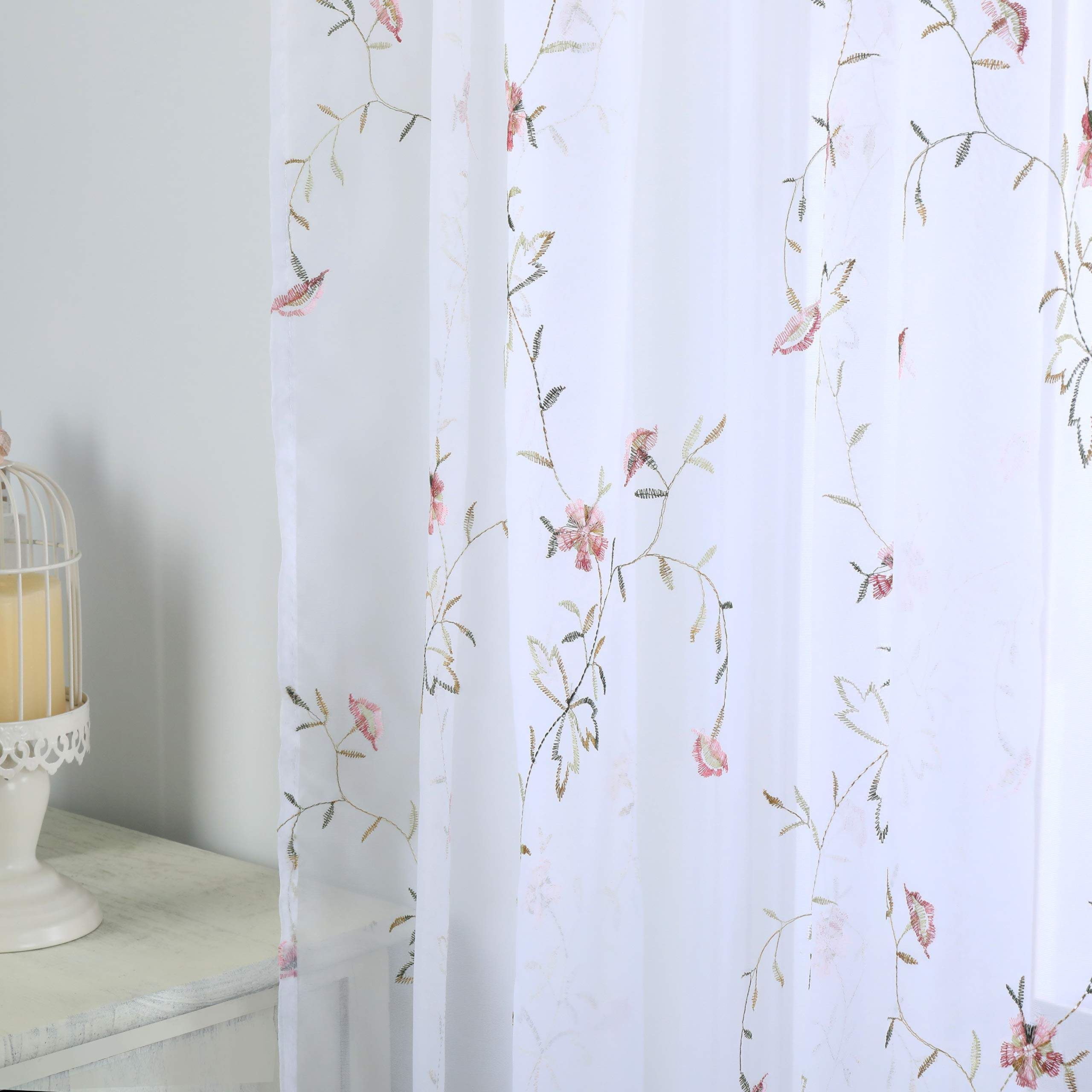 Taisier Home White Light & Airy Embroidery Sheer Curtain 45 Inches Long Red Flower Buds Embroidered Curtain Girls Room Voile Rod