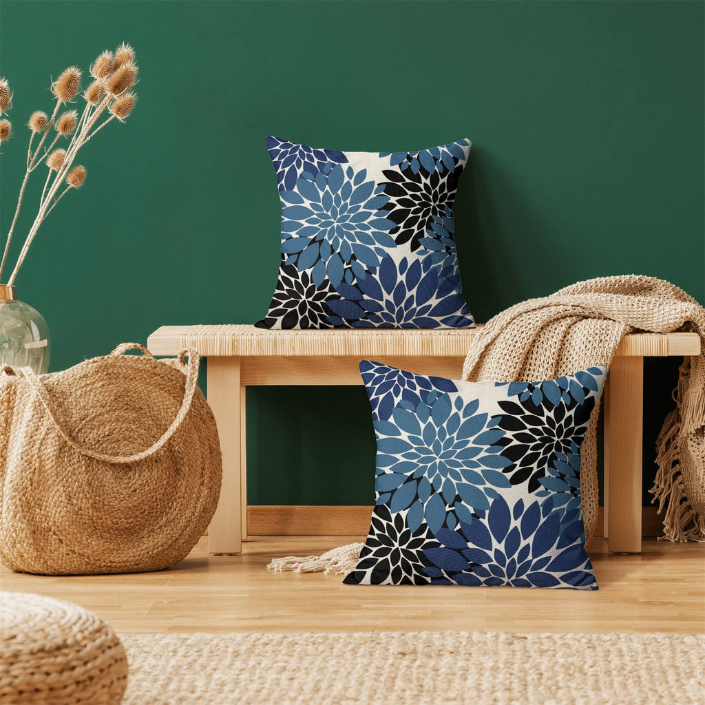 Navy Blue Black Pillow Covers 20X20 Inch Set Of 2 Dahlia Floral Decor Throw Pillows Summer Modern Geometry Flower Outdoor Decora