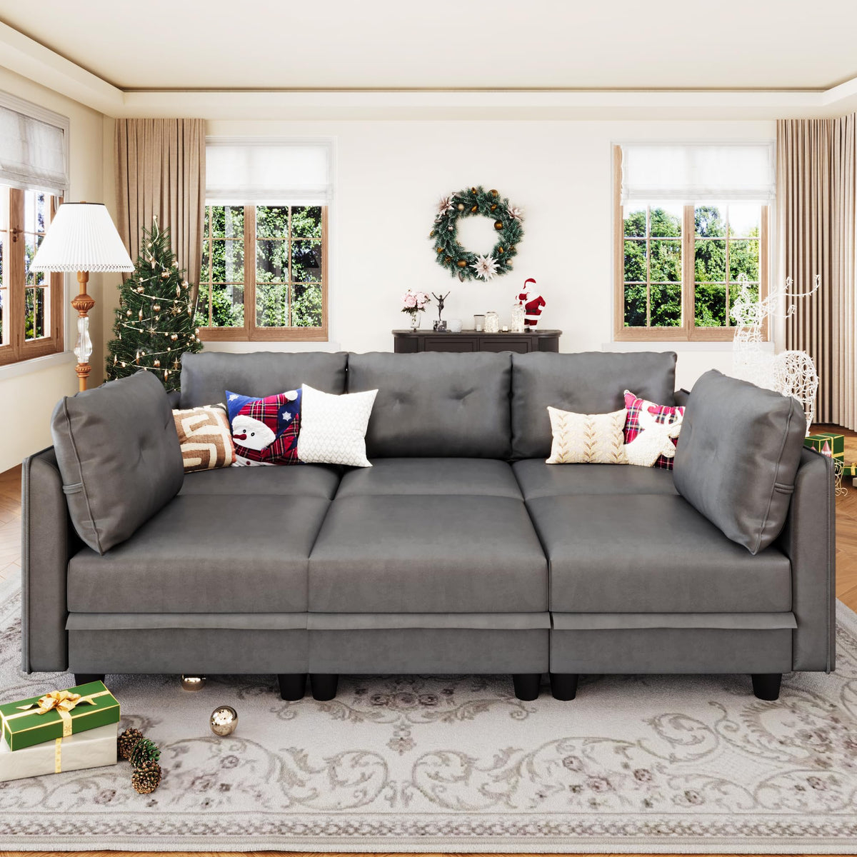 Llappuil Modular Sectional Sofa Faux Leather Sleeper Sectional Couch With Storage Convertible 6 Seats Modular Sofa Bed For Living Room, Dark Grey