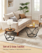 Vasagle Small Coffee Table Set Of 2, Round Coffee Table With Steel Frame, Side End Table For Living Room, Bedroom, Office, Rustic Brown And Ink Black