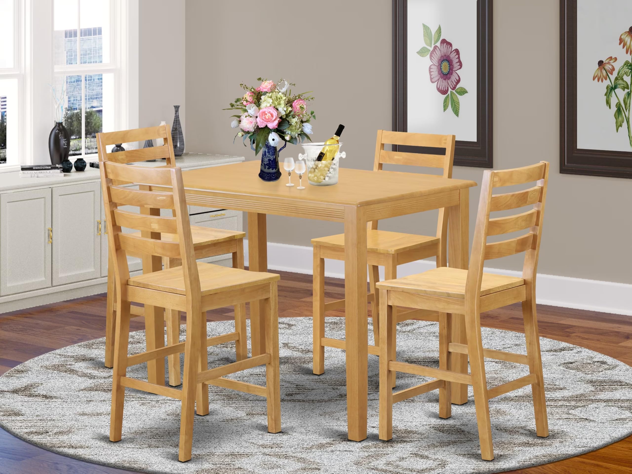 East West Furniture YACF5-OAK-W 5 Piece Kitchen Counter Height Dining Table Set Includes a Rectangle Dining Room Table and 4 Wooden Seat Chairs, 30x48 Inch, Oak