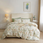 mixinni White Duvet Cover Set with Green Leaves Twin XL Size 100% Cotton Flower Printed Bedding Set 1 Duvet Cover 2 Pillowcases 