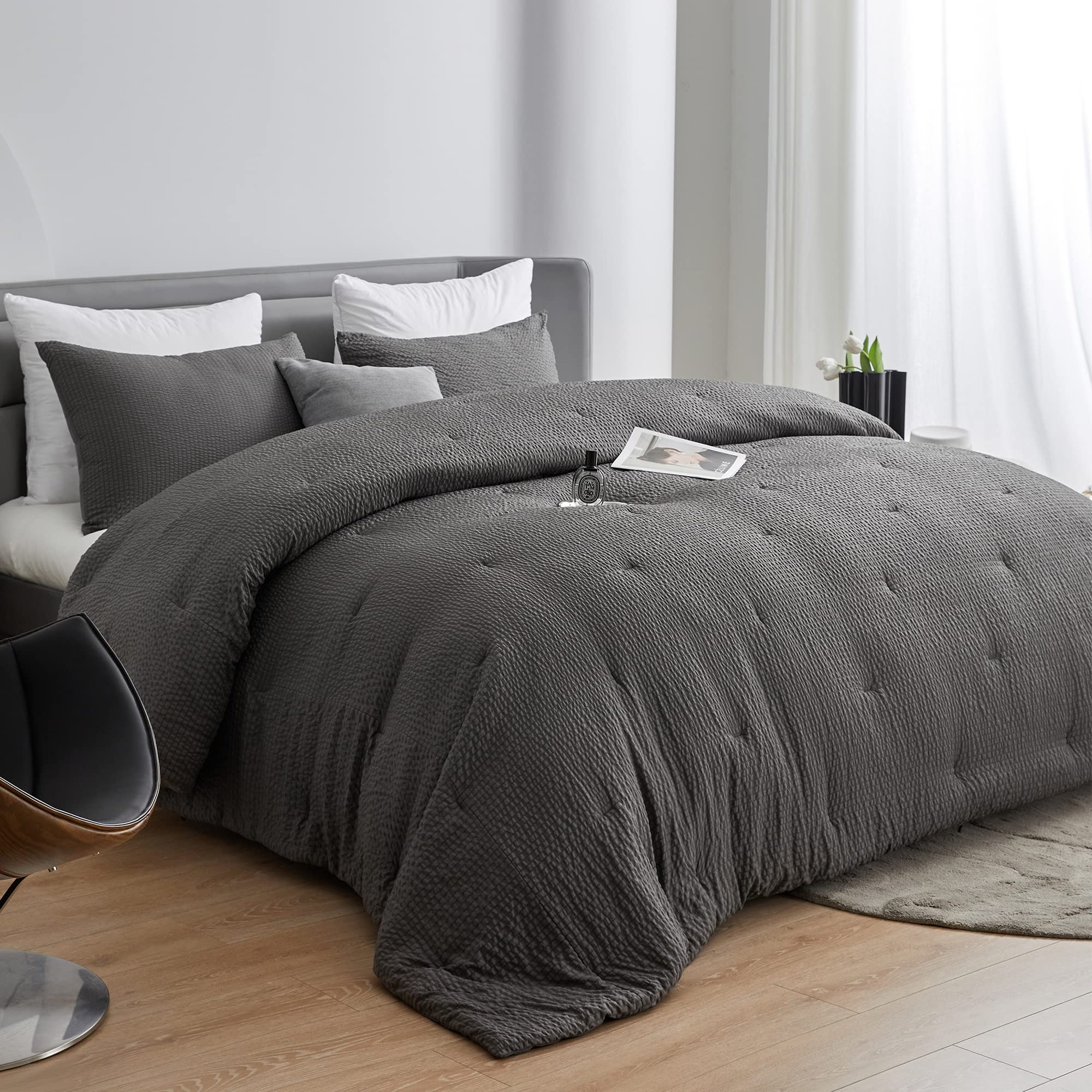 Hombys 3 Piece Seersucker Oversized King Comforter Set 120X128, Breathable Grey Soft Comforter Set, Lightweight Bedding Comforte