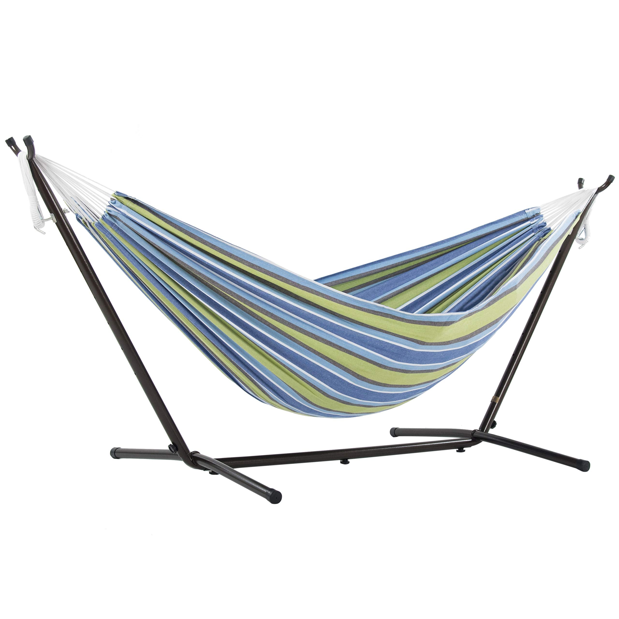 Vivere Double Cotton Hammock With Space Saving Steel Stand, Upgraded Polyester End Strings 450 Lb Capacity - Premium Carry Bag Included - Usa Grown Cotton (Oasis)