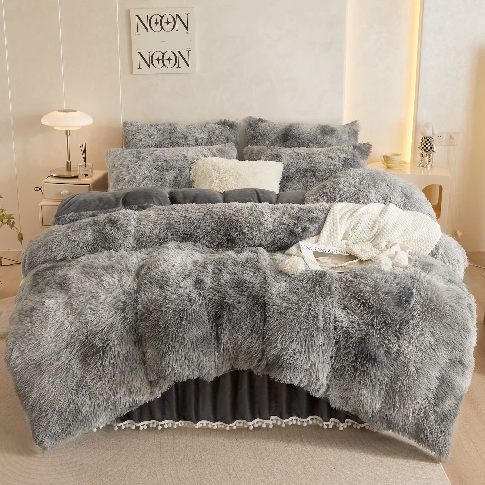 Haihua Fluffy Comforter Cover Set, Fluffy Plush Shaggy Duvet Cover 2 Pieces Set (1 Faux Fur Duvet Cover + 1 Plush Pillow Cases)