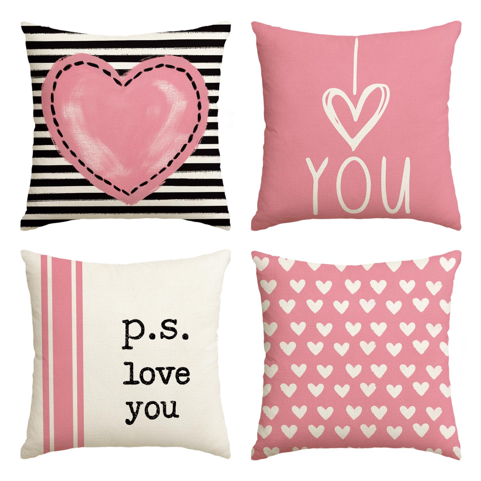 Avoin Colorlife Valentine 'S Day I Love You Throw Pillow Covers, 16 X 16 Inch Pink Valentine Heart Stripes P.S. Love You Wedding