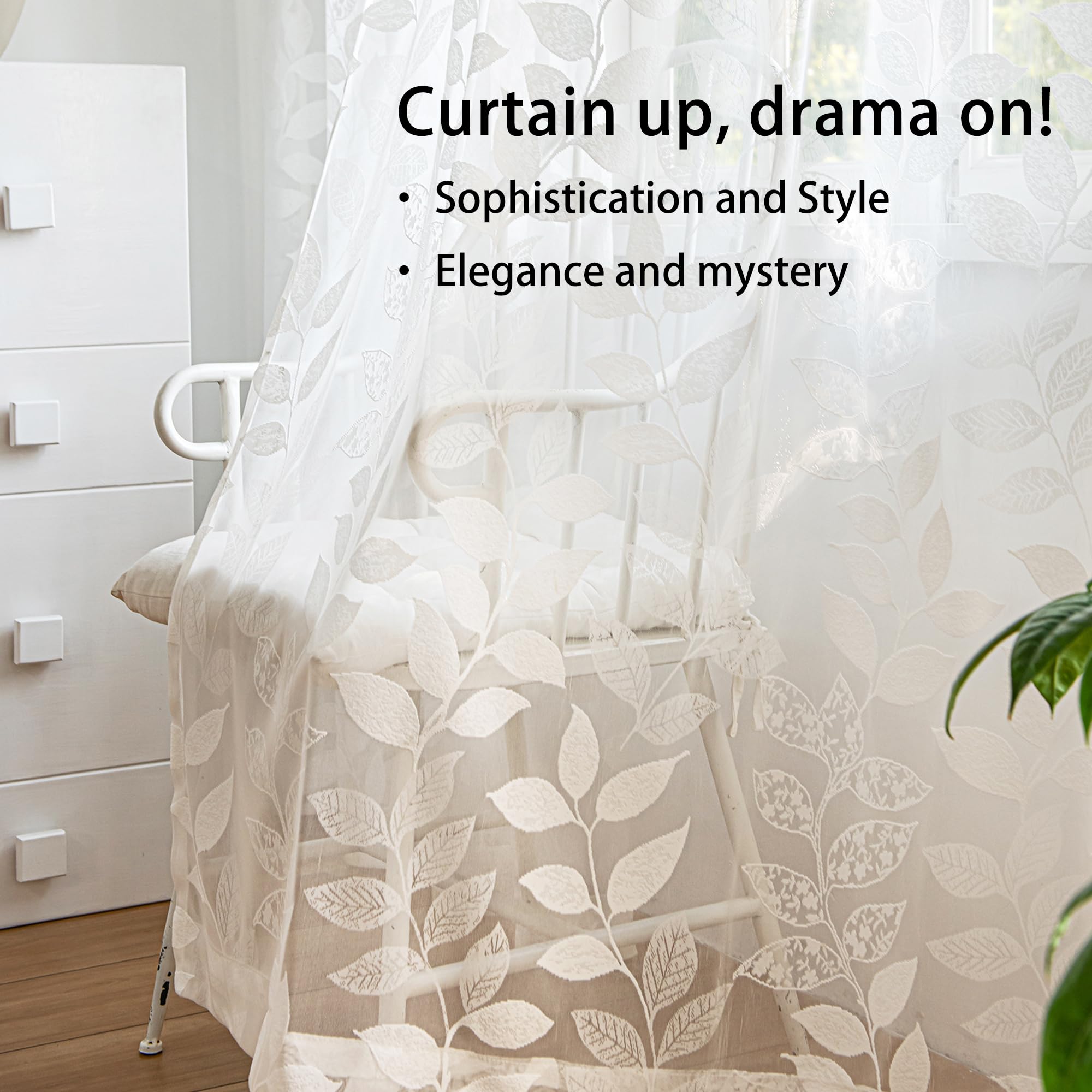 Treatmentex White Lace Sheer Curtains 63Inch Vintage Leaf Knitted Window Curtain Drapes For Living Room Bedroom Light Filtering