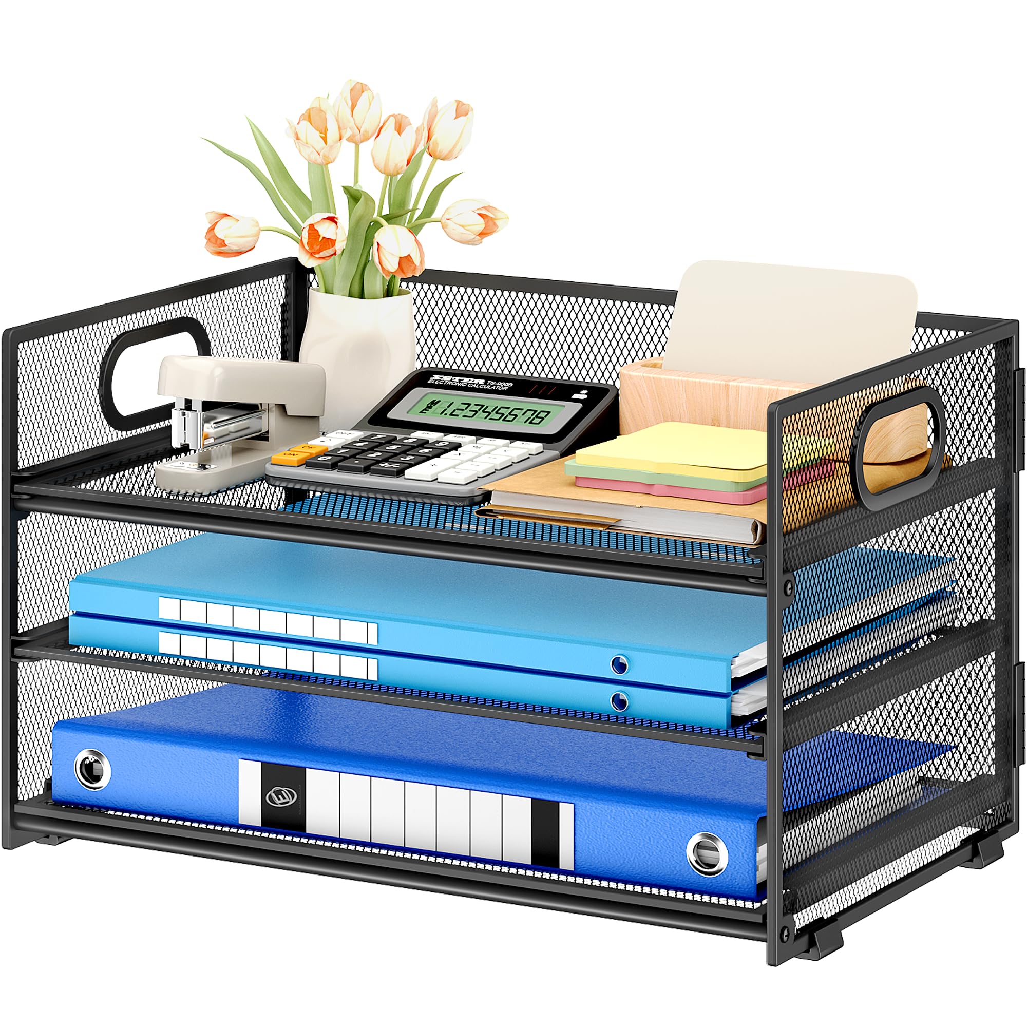 Subekyu 3 Tier Paper Letter Tray Organizer For Desk, Black Metal Mesh Desk File Folder Sorter Organizer With Handle And Sliding