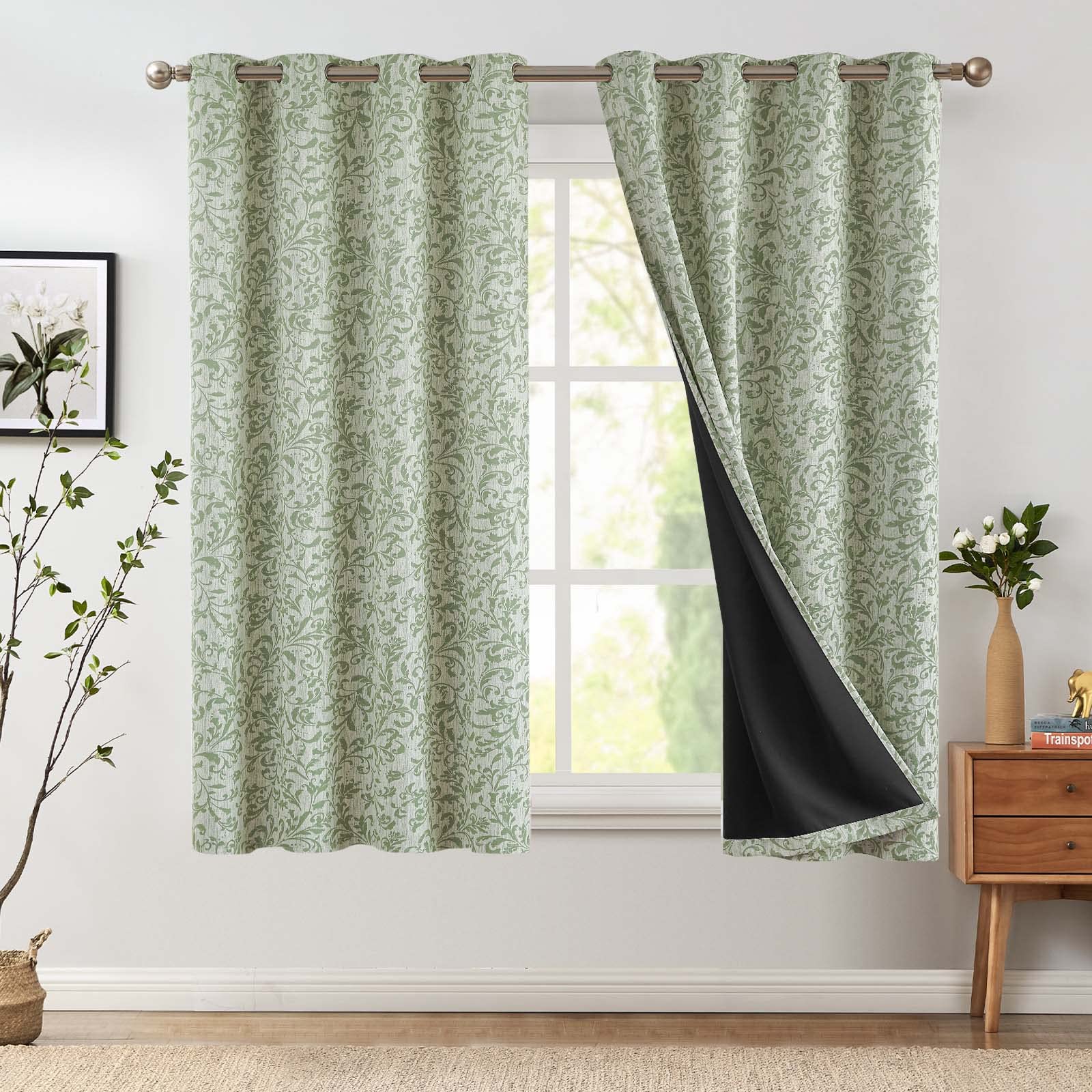 Jinchan 100% Blackout Curtains For Bedroom 63 Inch Length 2 Panels Green Scroll Floral Window Curtains For Living Room Farmhouse Vintage Drapes Thermal Insulated Grommet Window Treatments Set