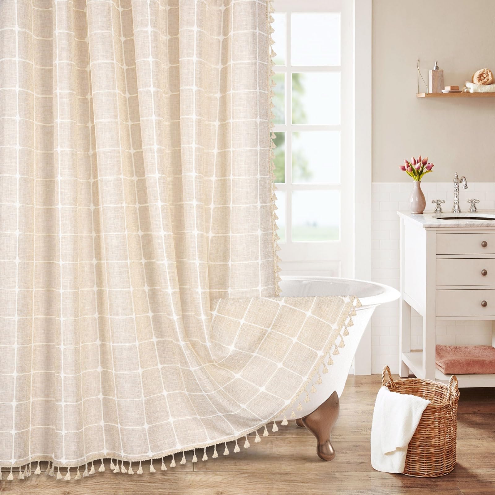 MitoVilla Cream Boho Extra Long Shower Curtain 72 x 84, Modern Farmhouse 84 inch XL Cotton Linen Texture Tassel Fabric Shower Cu