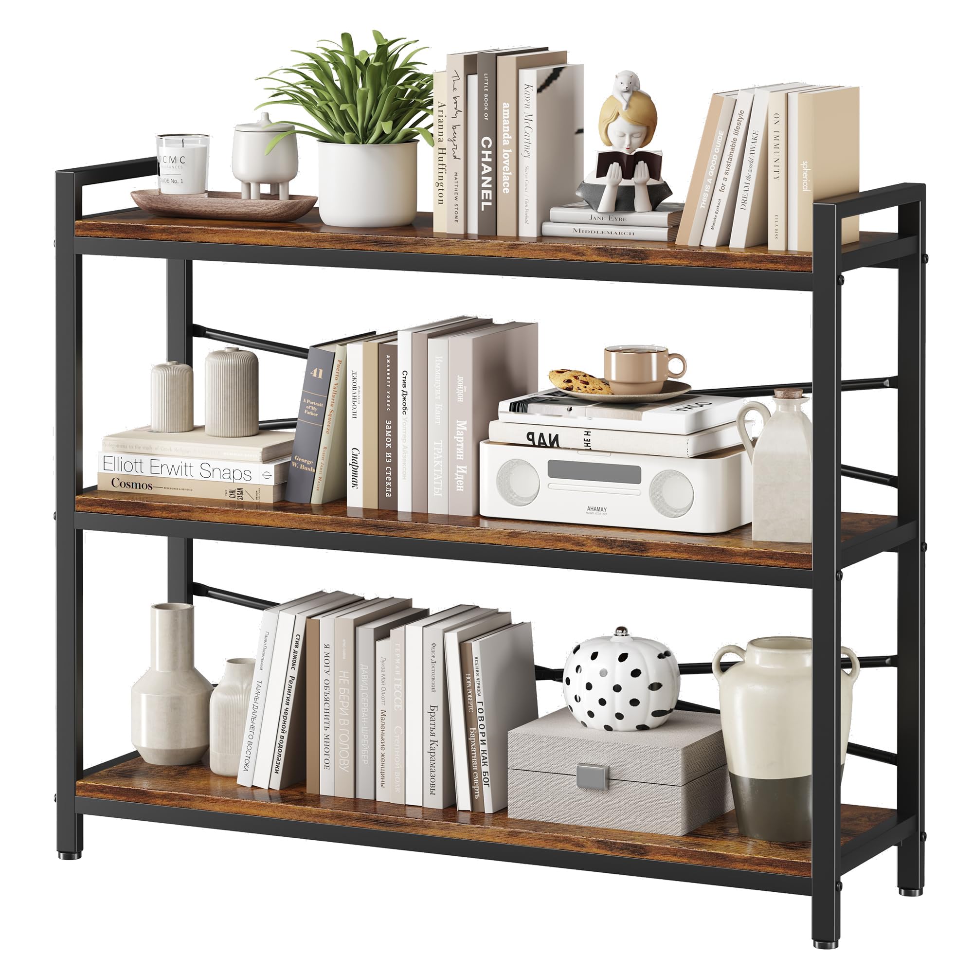 3 Tier Bookshelf 39.37'' Width, Long Industrial Bookcase, Vintage Farmhouse Modern Wooden Big Book Shelf For Home Living Room Be