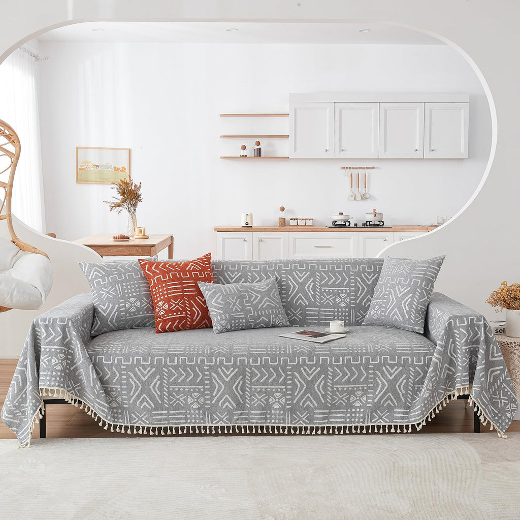Handontime Bohemian Couch Cover For Dogs Aztec Tribal Sofa Covers For 3 Cushion Couch Aesthetic Couch Slipcover Chenille Sofa Seat Cover Pet Universal Loverseat Cover Futon Cover 71' X118', Grey/White