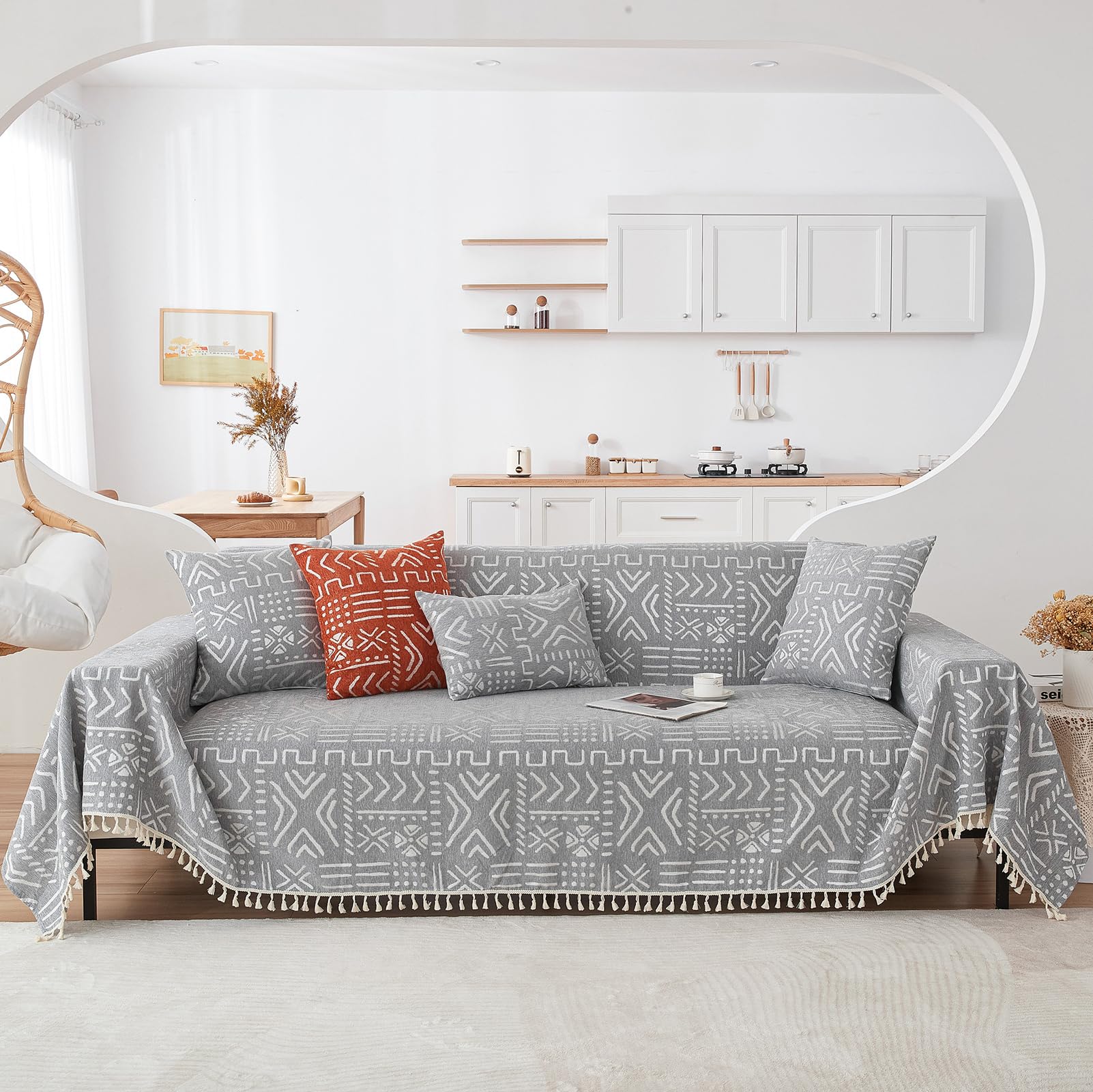 Handontime Bohemian Couch Cover For Dogs Aztec Tribal Sofa Covers For 3 Cushion Couch Aesthetic Couch Slipcover Chenille Sofa Seat Cover Pet Universal Loverseat Cover Futon Cover 71' X118', Grey/White